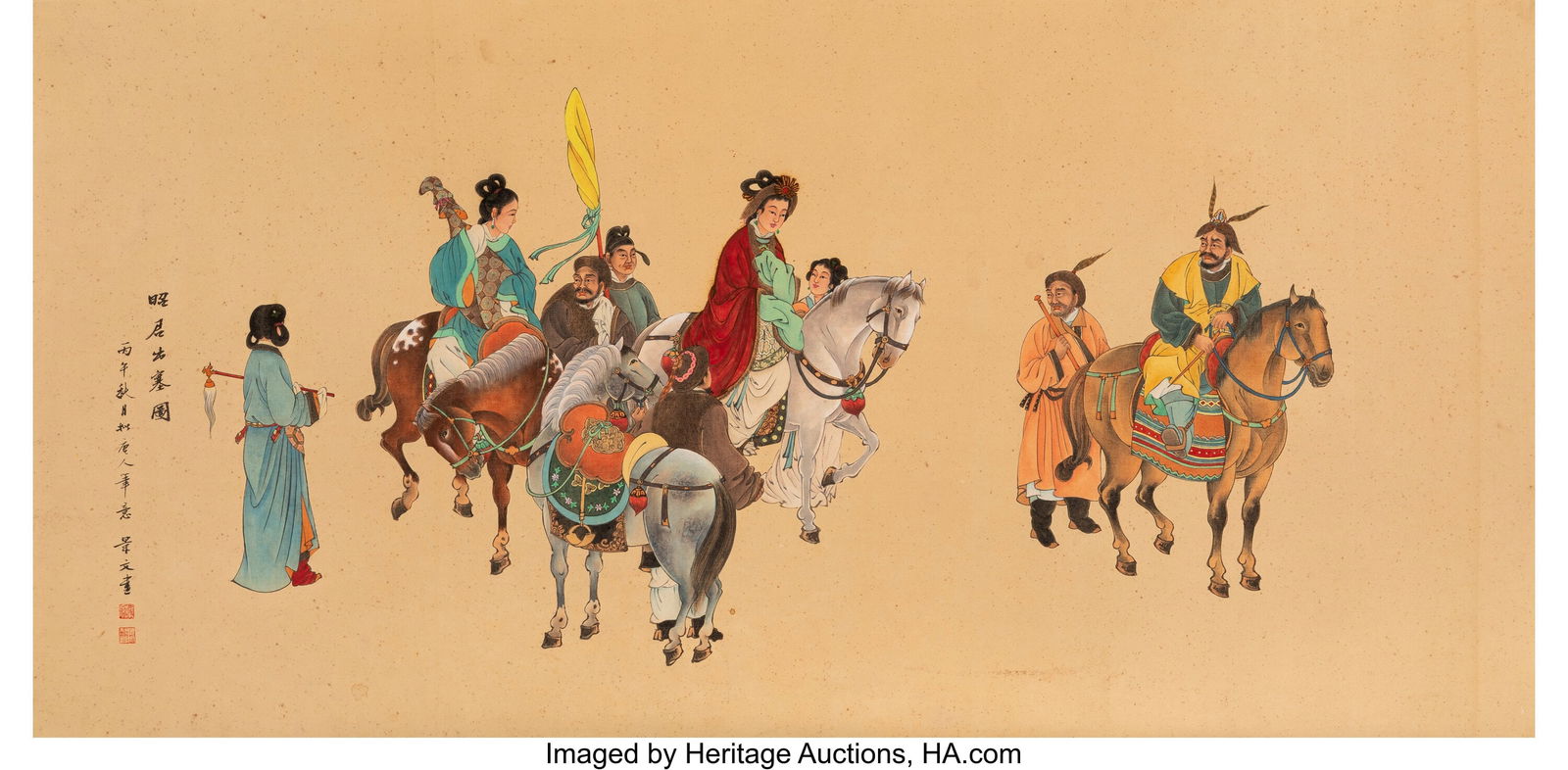 Jing Weng Zhaojun's Departure for the Frontier H: Jing Weng Zhaojun's Departure for the Frontier Hanging Panel, 20th century Color on silk 29-1/4 x 59-1/8 inches (74.3 x 150.2 cm) Signed with two red seals: