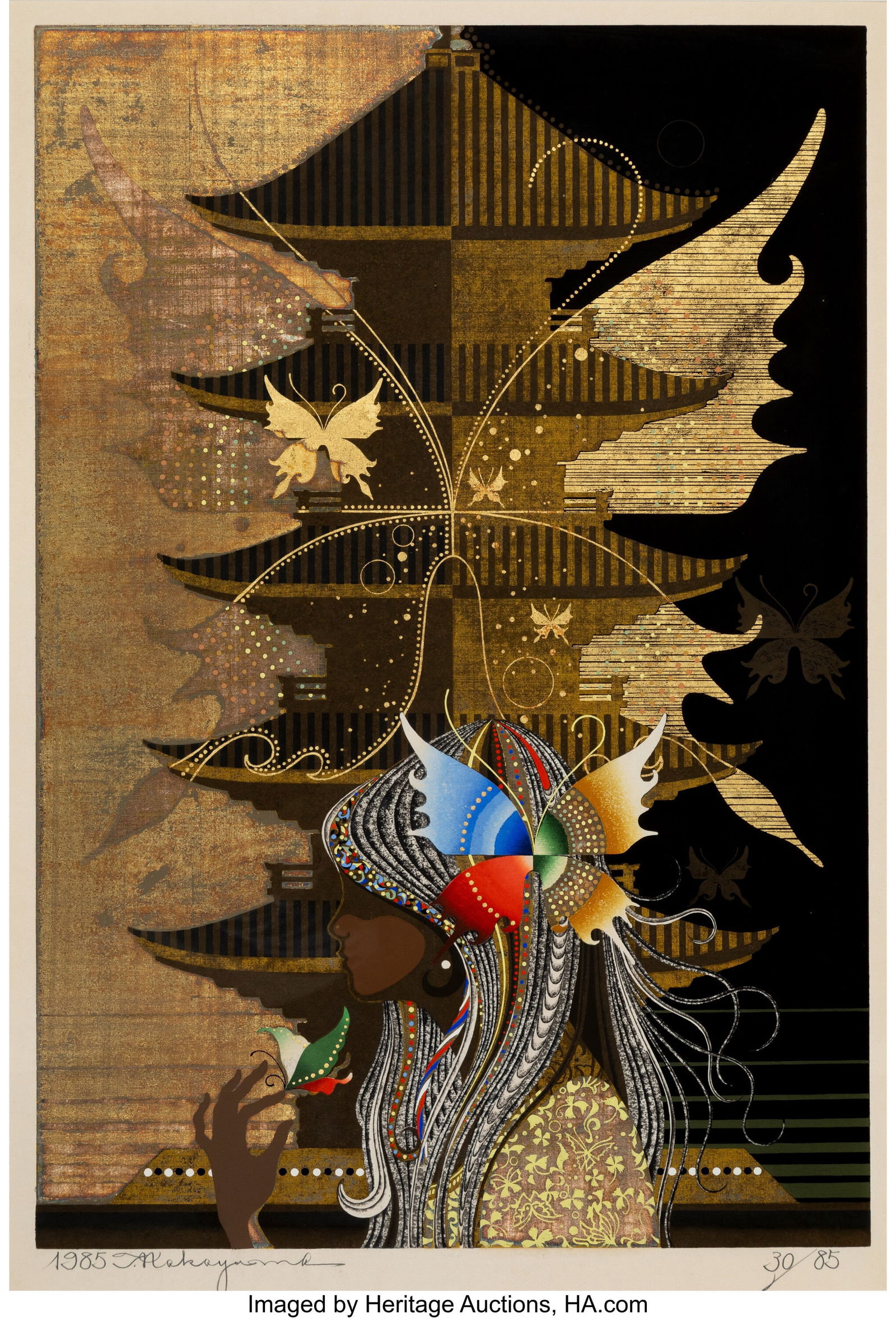 Tadashi Nakayama (Japanese, 1927-2014) Cho no go: Tadashi Nakayama (Japanese, 1927-2014) Cho no gotoku (Like Butterflies), 1985 Woodblock print in colors with gold leaf 33-3/4 x 22-7/8 inches (85.7