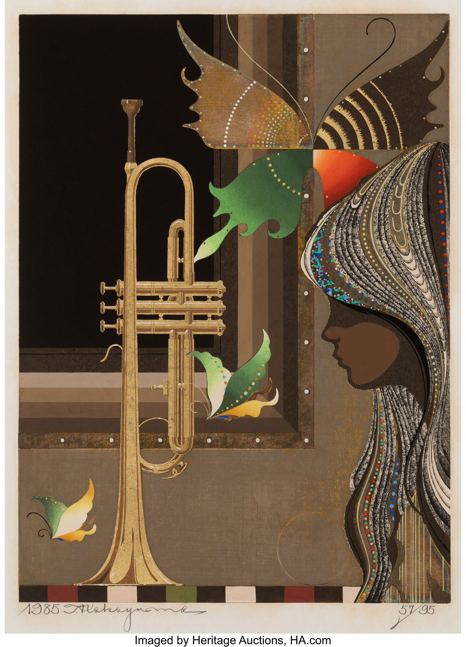 Tadashi Nakayama (Japanese, 1927-2014) Butterfli: Tadashi Nakayama (Japanese, 1927-2014) Butterflies and Trumpet, 1985 Woodblock print 26 x 18-1/2 inches (66.0 x 47.0 cm) (sight) Ed.