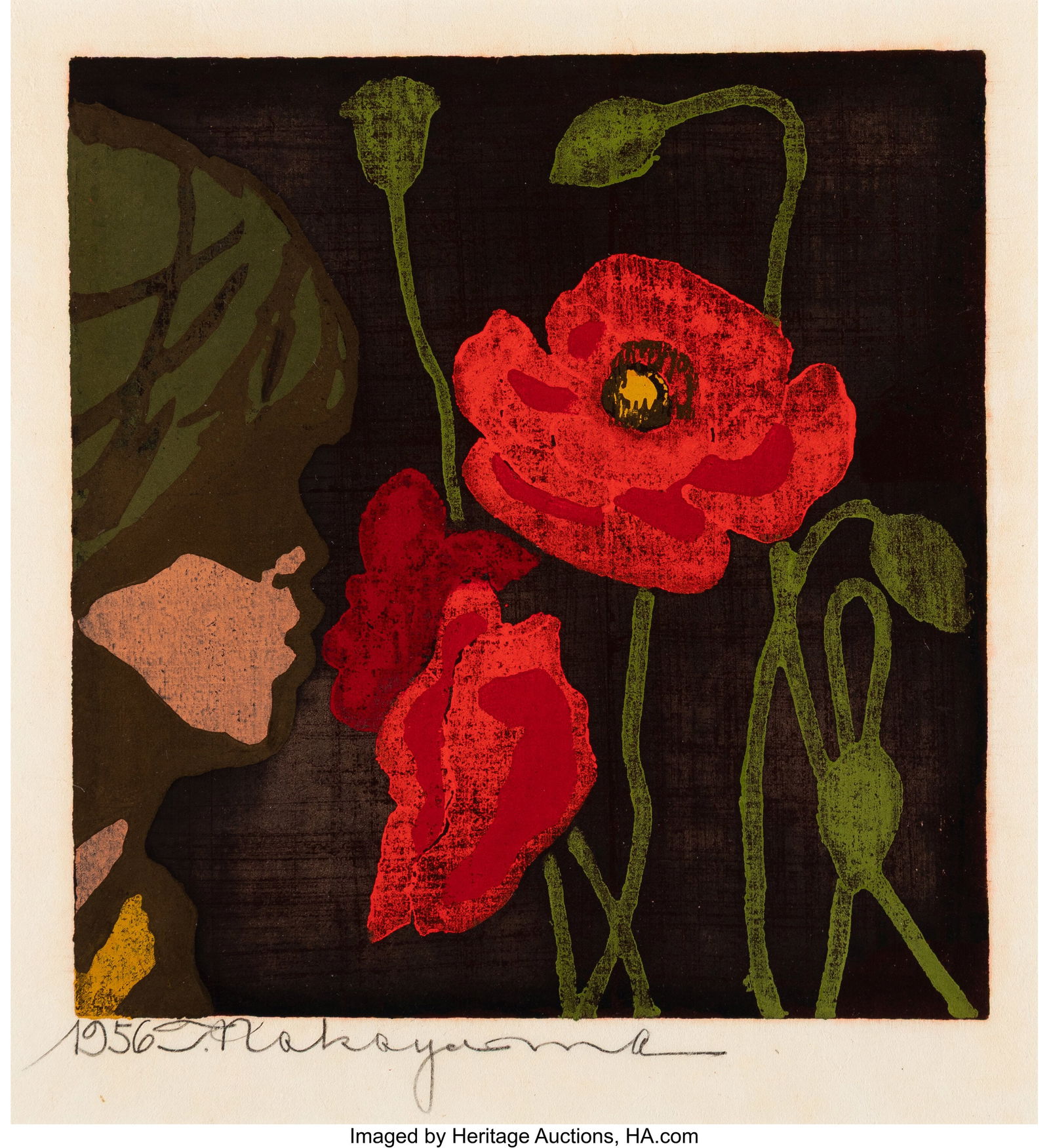 Tadashi Nakayama (Japanese, 1927-2014) Poppies,: Tadashi Nakayama (Japanese, 1927-2014) Poppies, 1956 Woodblock print 9-1/2 x 8-3/4 inches (24.1 x 22.2 cm) (sight) Signed and dated in p