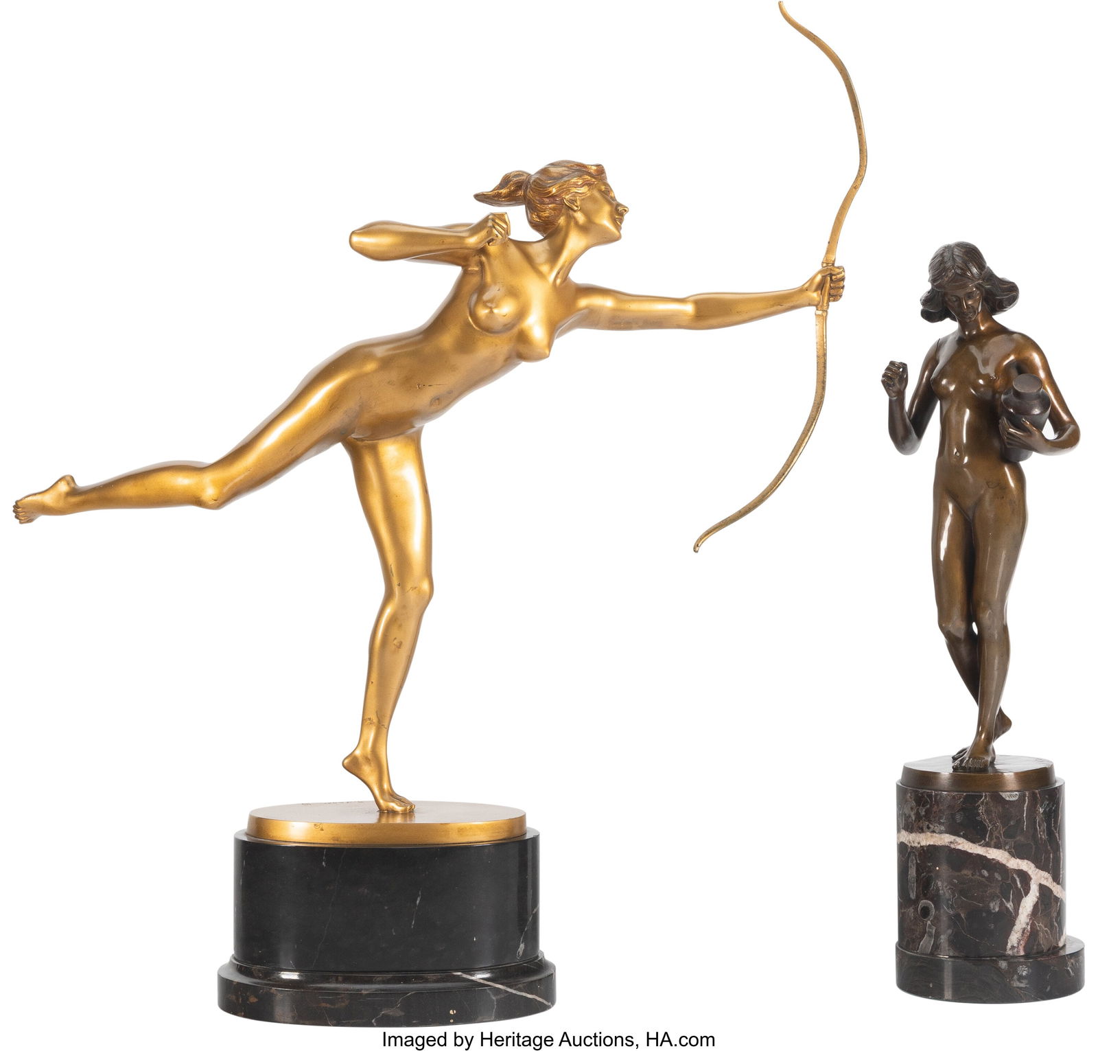 Continental School (20th Century) A Pair of Bron: Continental School (20th Century) A Pair of Bronze Female Figures Patinated bronze 20 inches (50.8 cm) high on a 4-1/4 (10.8 cm) inch marble base 