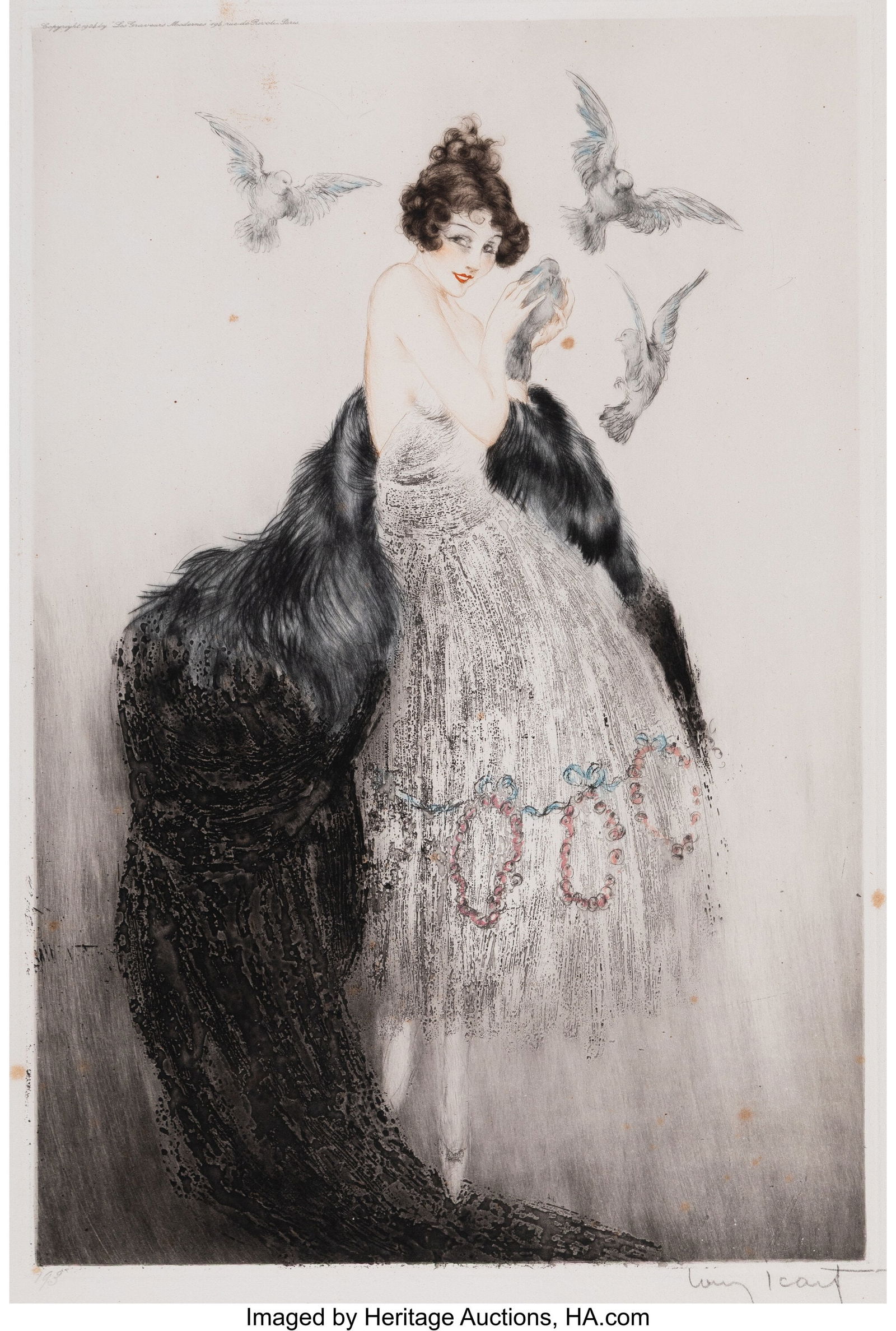 Louis Icart (French, 1888-1950) Sweet Caress, 19: Louis Icart (French, 1888-1950) Sweet Caress, 1924 Etching with handcoloring on B.F.K. Rives paper 25 x 18-1/4 inches (63.5 x 46.4