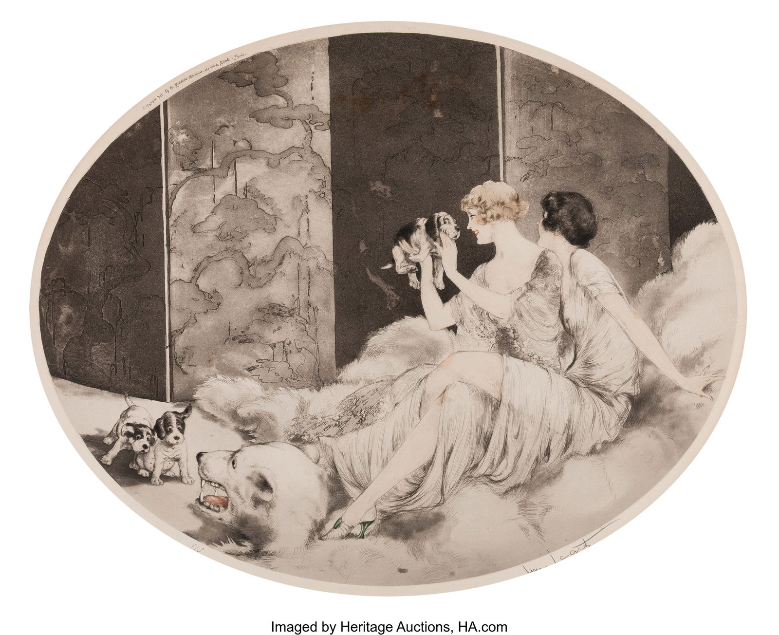 Louis Icart (French, 1888-1950) Petits Chiens, 1: Louis Icart (French, 1888-1950) Petits Chiens, 1925 Etching in colors with handcoloring on wove paper laid on board 20-1/2 x 24-3/4 inches (52.1 x