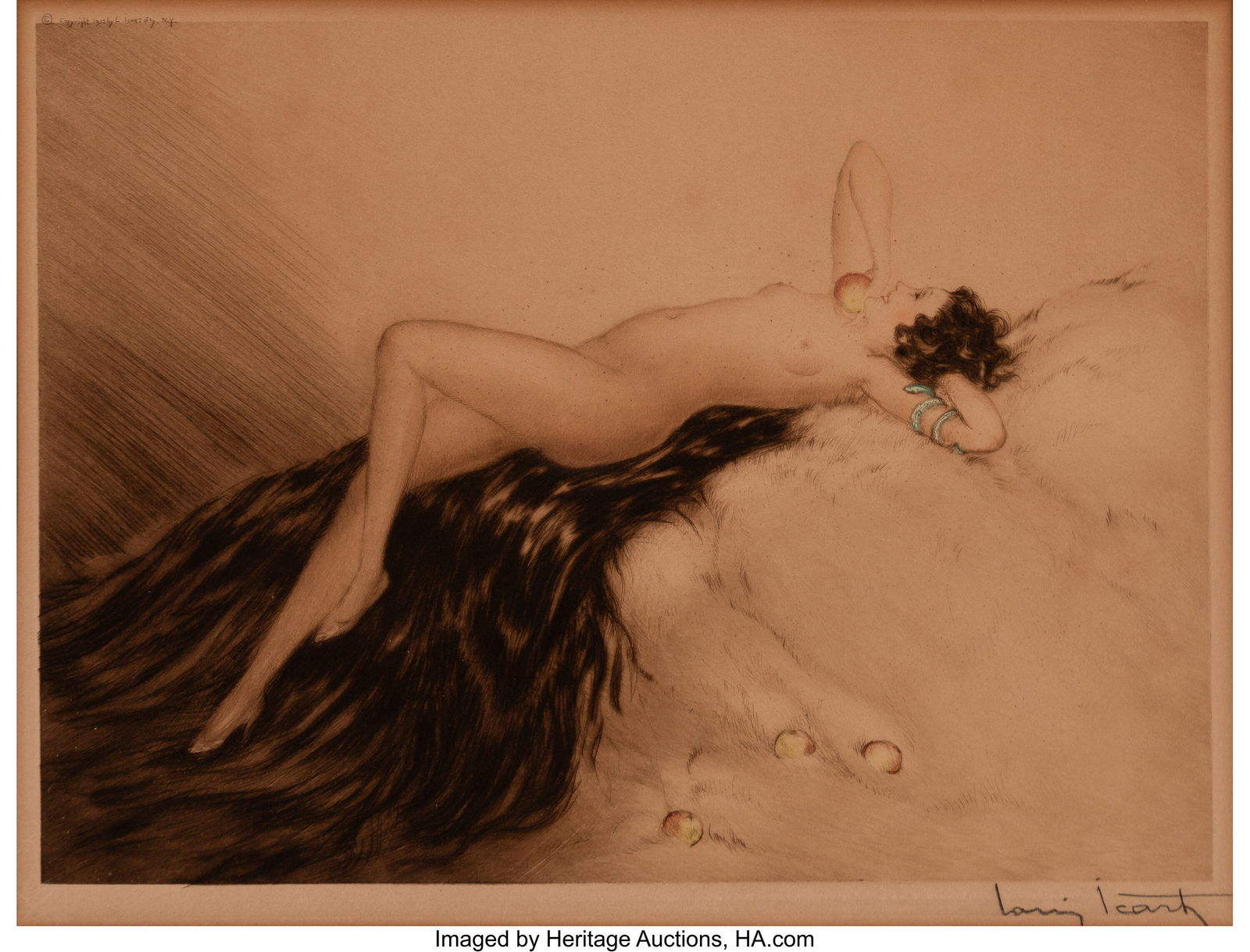 Louis Icart (French, 1888-1950) Love's Awakening: Louis Icart (French, 1888-1950) Love's Awakening, La Pomme, 1933 Etching in colors with handcoloring on wove paper 8-3/4 x 11-3/8 inches (22.2 x