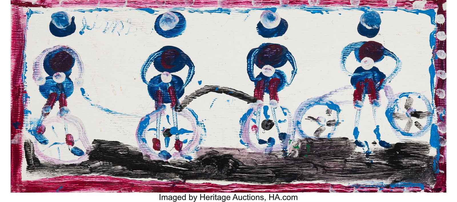 Jimmie Lee Sudduth (American, 1910-2007) Untitle: Jimmie Lee Sudduth (American, 1910-2007) Untitled (Figures in a Line), 20th Century Acrylic on aluminum board 9-1/2 x 21-1/2 inches (24.1 x 54&perio