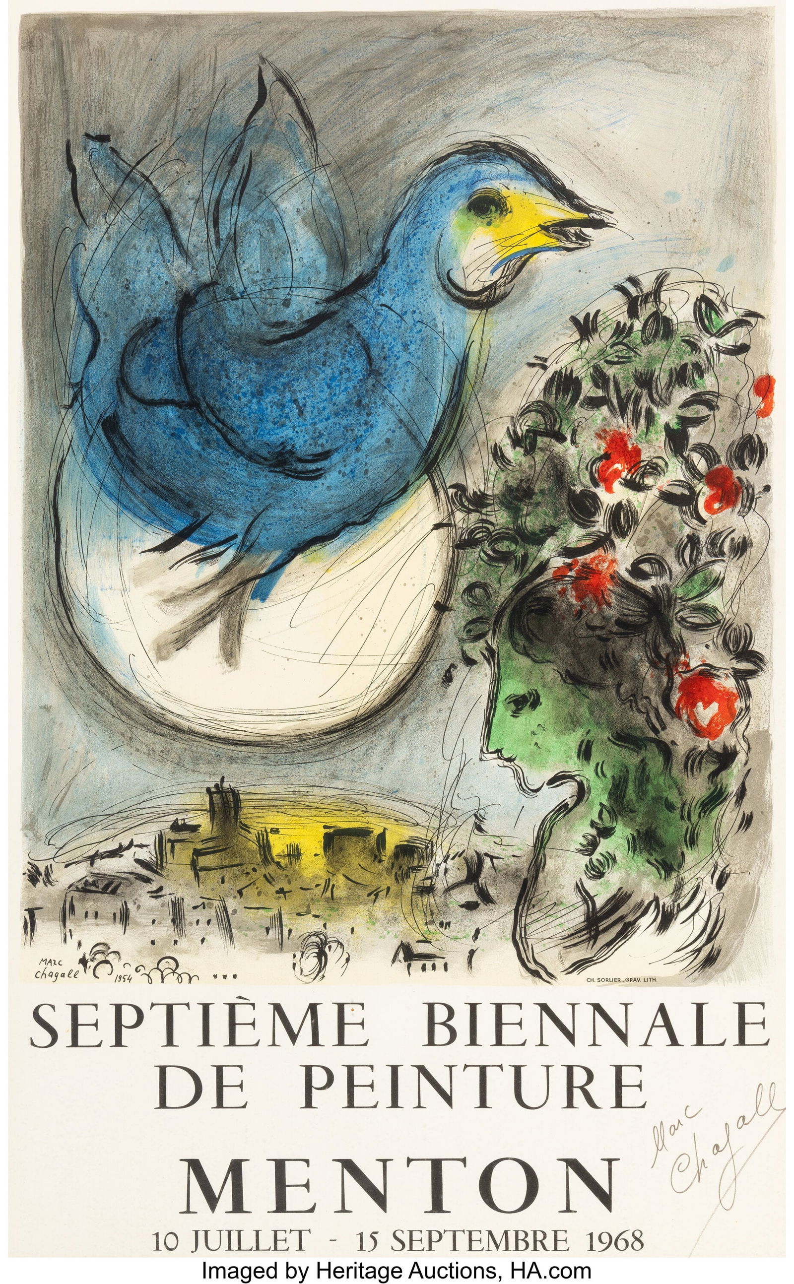 After Marc Chagall (French, 1887-1985) Septieme: After Marc Chagall (French, 1887-1985) Septieme Biennale de Peinture Menton (exhibition poster), circa 1968 Offset lithograph in colors on wove paper 28-1/2 x 17-5&