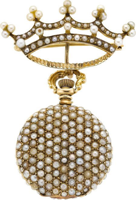 Longines Gold & Pearl Miniature With Pin, circa: Longines Gold & Pearl Miniature With Pin, circa 1905 Case: 14k gold, 27 mm, two body with