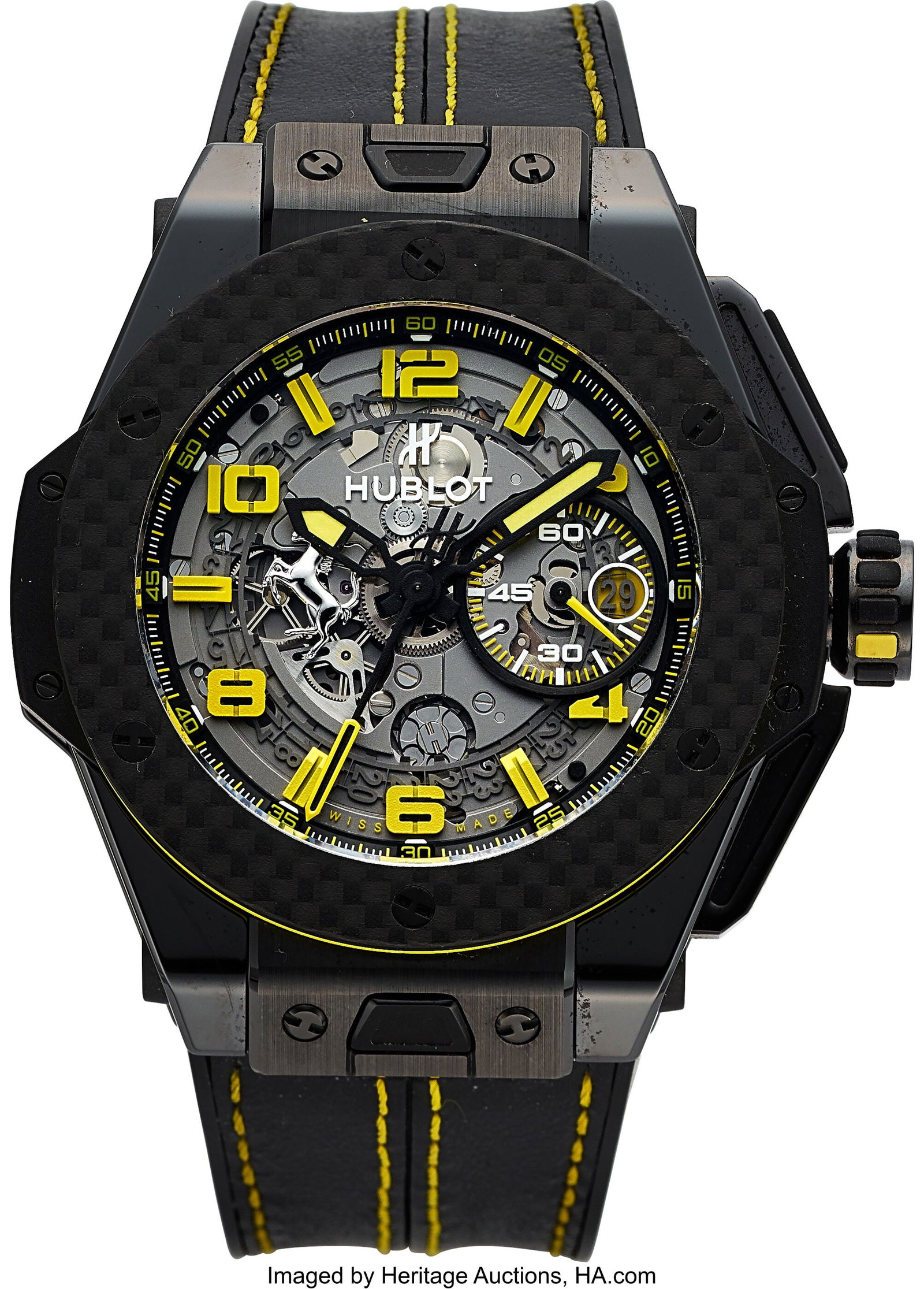 Hublot Big Bang Carbon Fiber Ferrari Chronograph: Hublot Big Bang Carbon Fiber Ferrari Chronograph LTD 729/1000 Full Set, Ref. 401.CQ.0129.VR Case: 45 mm, carbon fiber, three body, 6