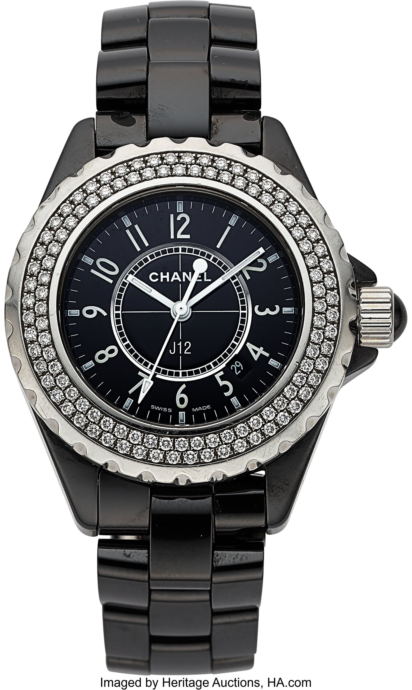 Chanel J12 Quartz Ceramic Diamond Bezel, Ref. H0: Chanel J12 Quartz Ceramic Diamond Bezel, Ref. H0949 Case: 33 mm, ceramic and steel, three body, 8 screw case back, screw-down crown, and