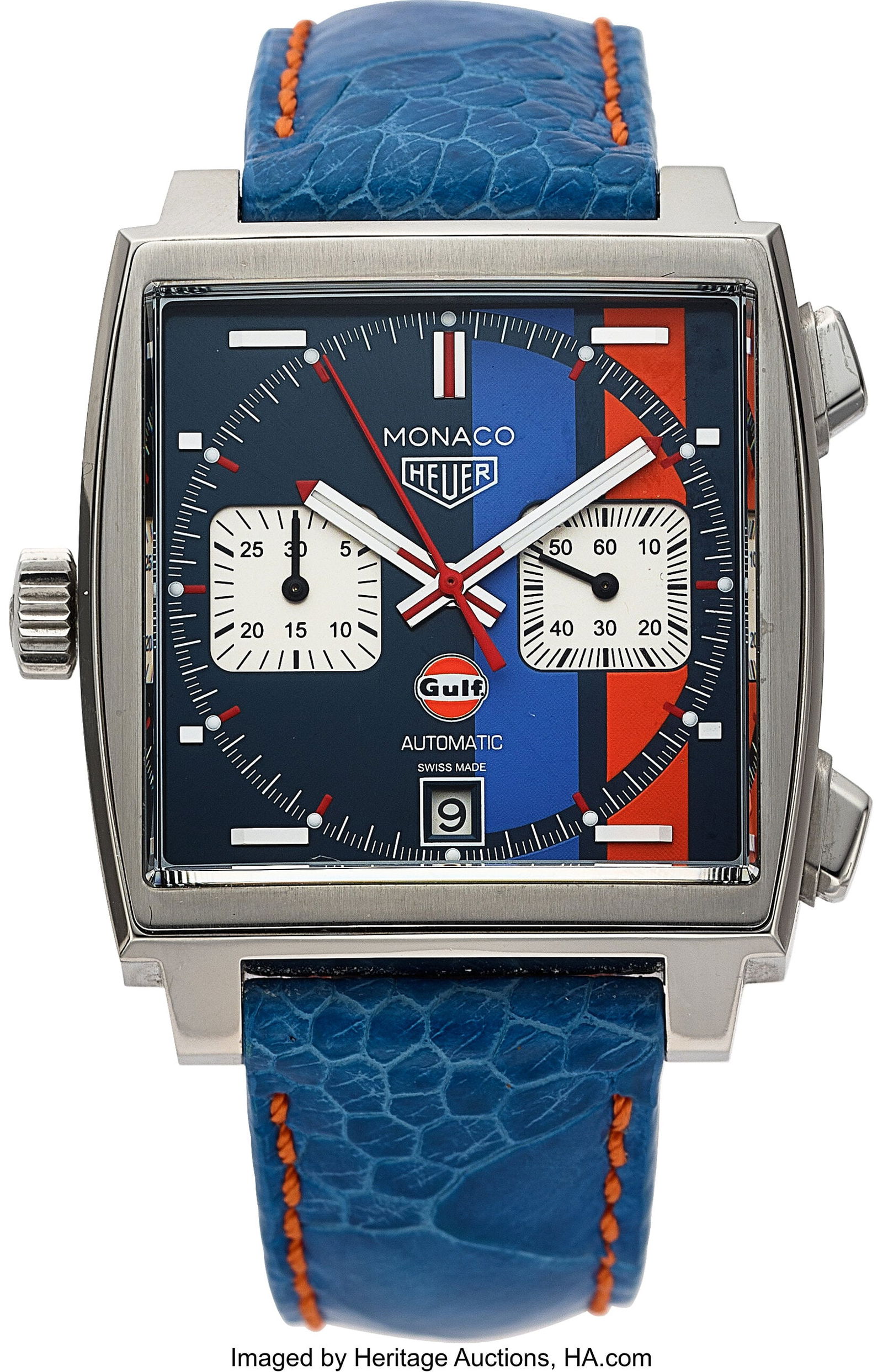 Tag Heuer Monaco Gulf Wristwatch Full Set, Ref.: Tag Heuer Monaco Gulf Wristwatch Full Set, Ref. CAW211R Case: 39 mm, stainless steel, three body, 4 screw exhibition case back, and left handed push-pull cro