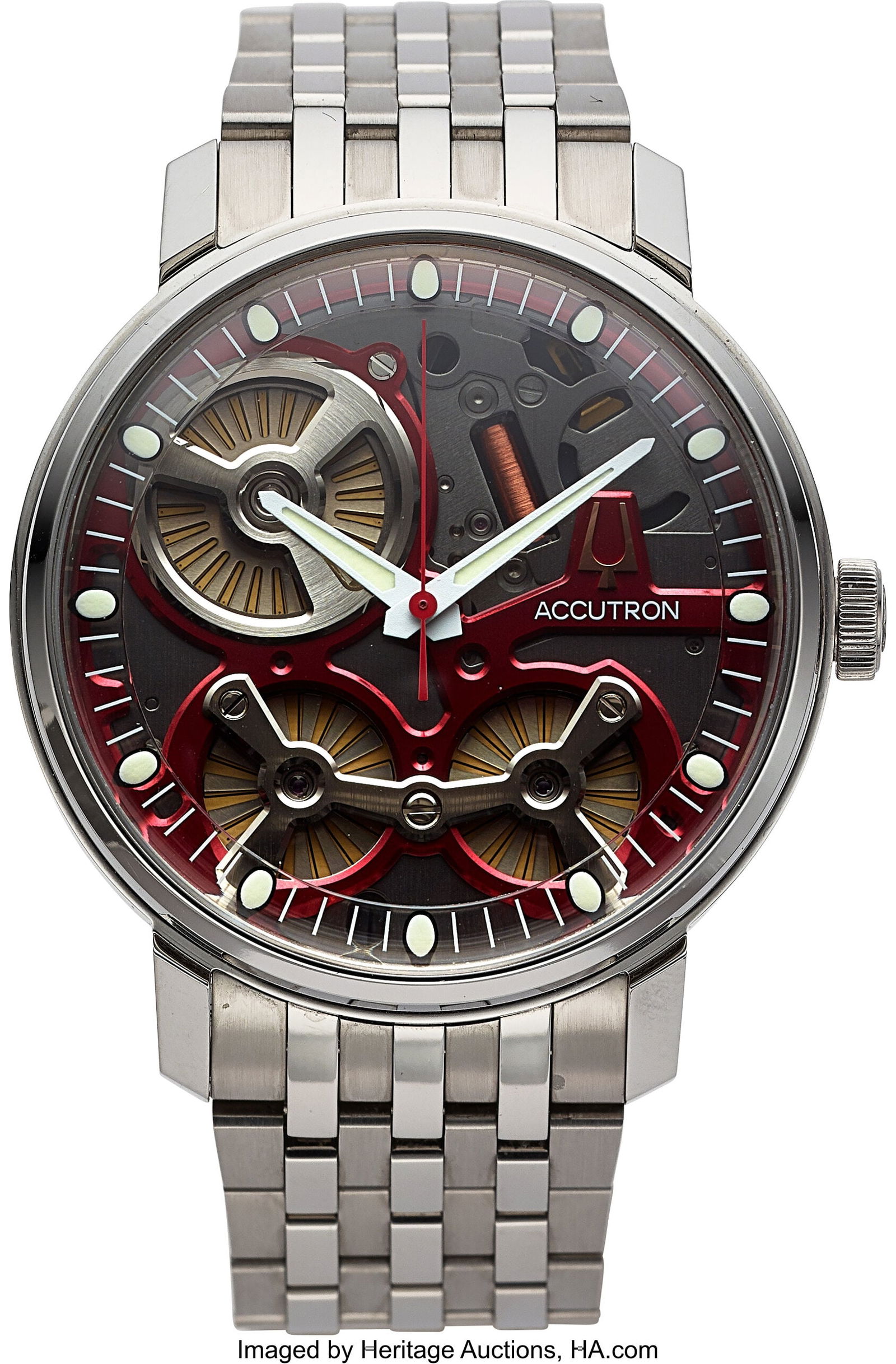 Bulova Accutron Redbar Spaceview LE Full Set, Re: Bulova Accutron Redbar Spaceview LE Full Set, Ref. C8771237 Case: 43 mm, stainless steel, three body, screw-down case back, and push-pull crown,
