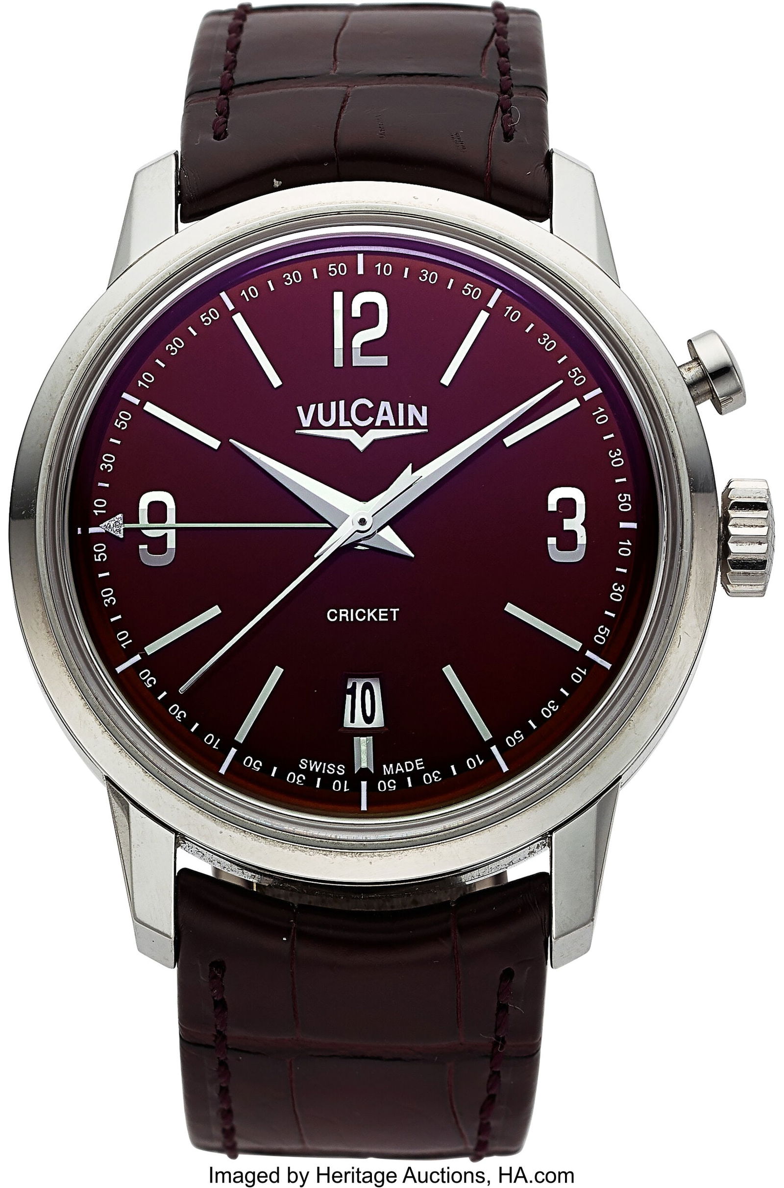 Vulcain Raspberry Red Cricket, Ref. 1X0X51 Case: Vulcain Raspberry Red Cricket, Ref. 1X0X51 Case: 42 mm, stainless steel, three body, 6 screw exhibition case back, and push-pull crown, 12677