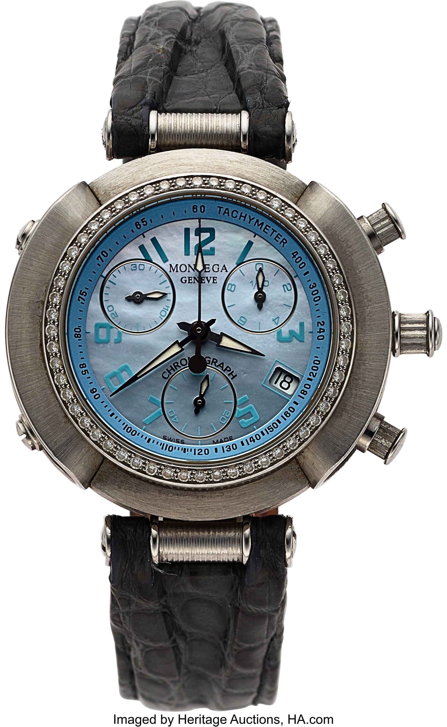 Montego Amore, Diamond Bezel, Mother of Pearl Di: Montego Amore, Diamond Bezel, Mother of Pearl Dial, Ref. MC 02 Case: 36 mm x 35 mm, stainless steel, three body, 8 screw case back, push-pull cyl