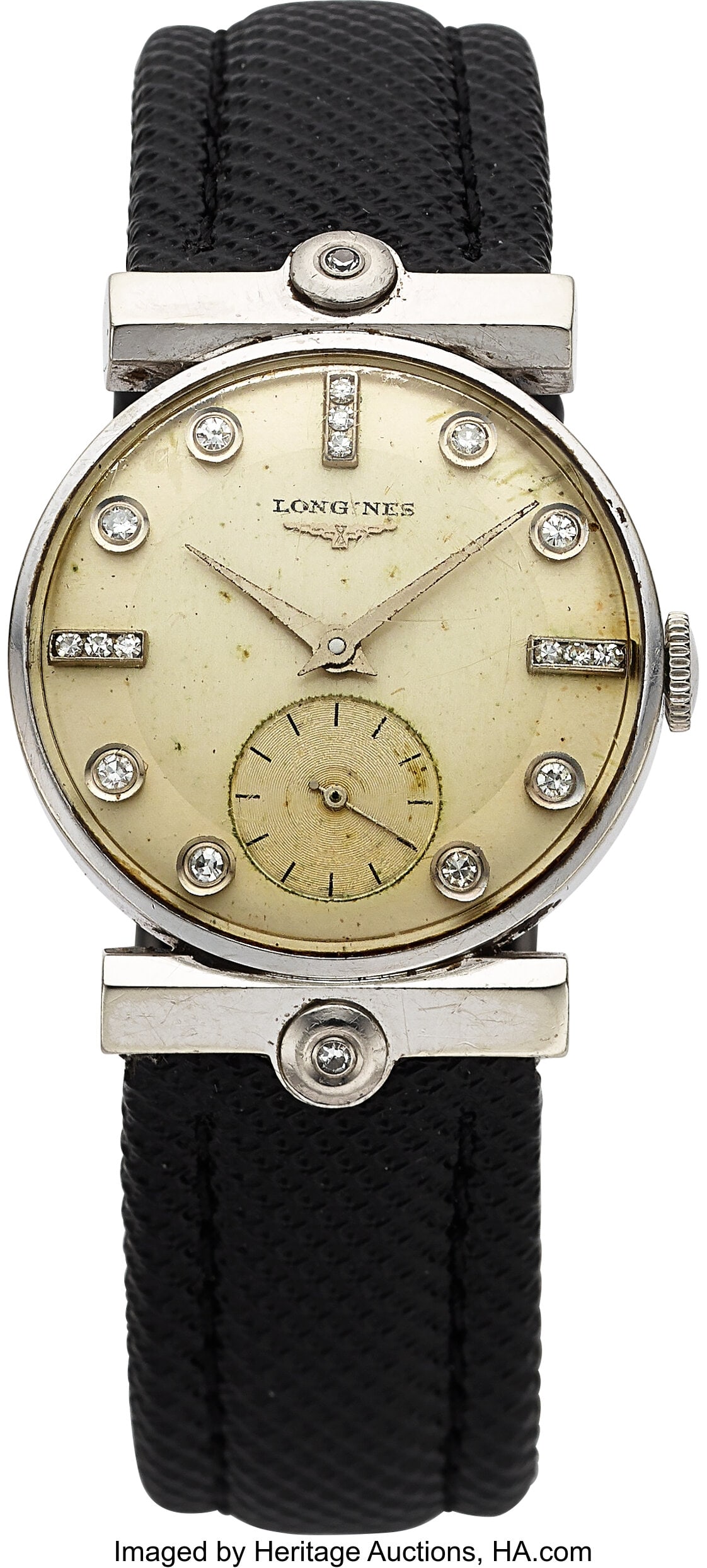 Longines 14k White Gold Diamond Dial Case: 29 m: Longines 14k White Gold Diamond Dial Case: 29 mm, 14k white gold, three body, snap-on case back, and diamond set lugs Dial: silvered dial, diamond set hour in