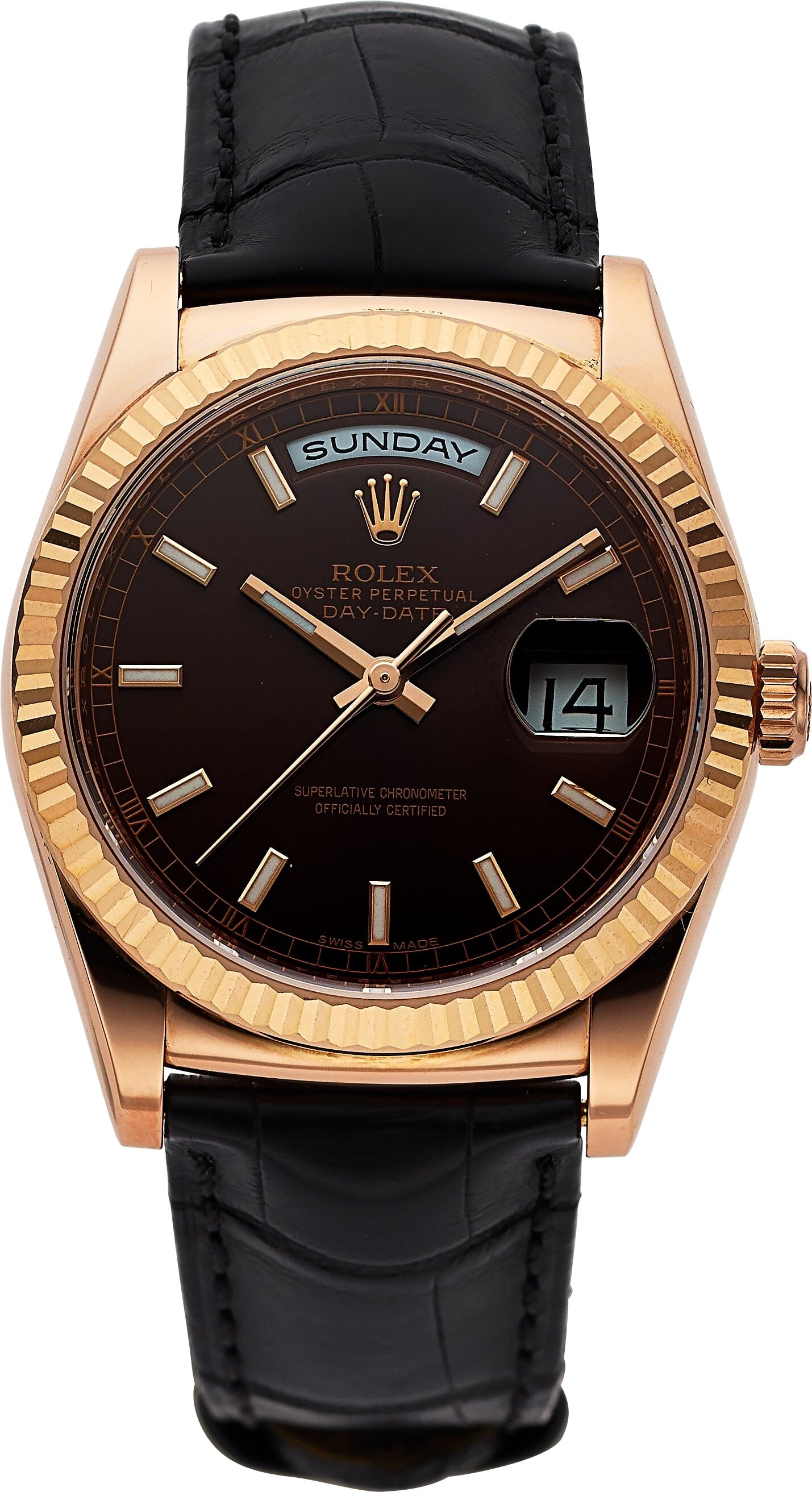 Rolex Day-Date 18k Rose Gold, Chocolate Dial, Re: Rolex Day-Date 18k Rose Gold, Chocolate Dial, Ref. 118135 Case: 36 mm, 18k rose gold, three body, screw-down case back and crown, 18k rose gold fixed
