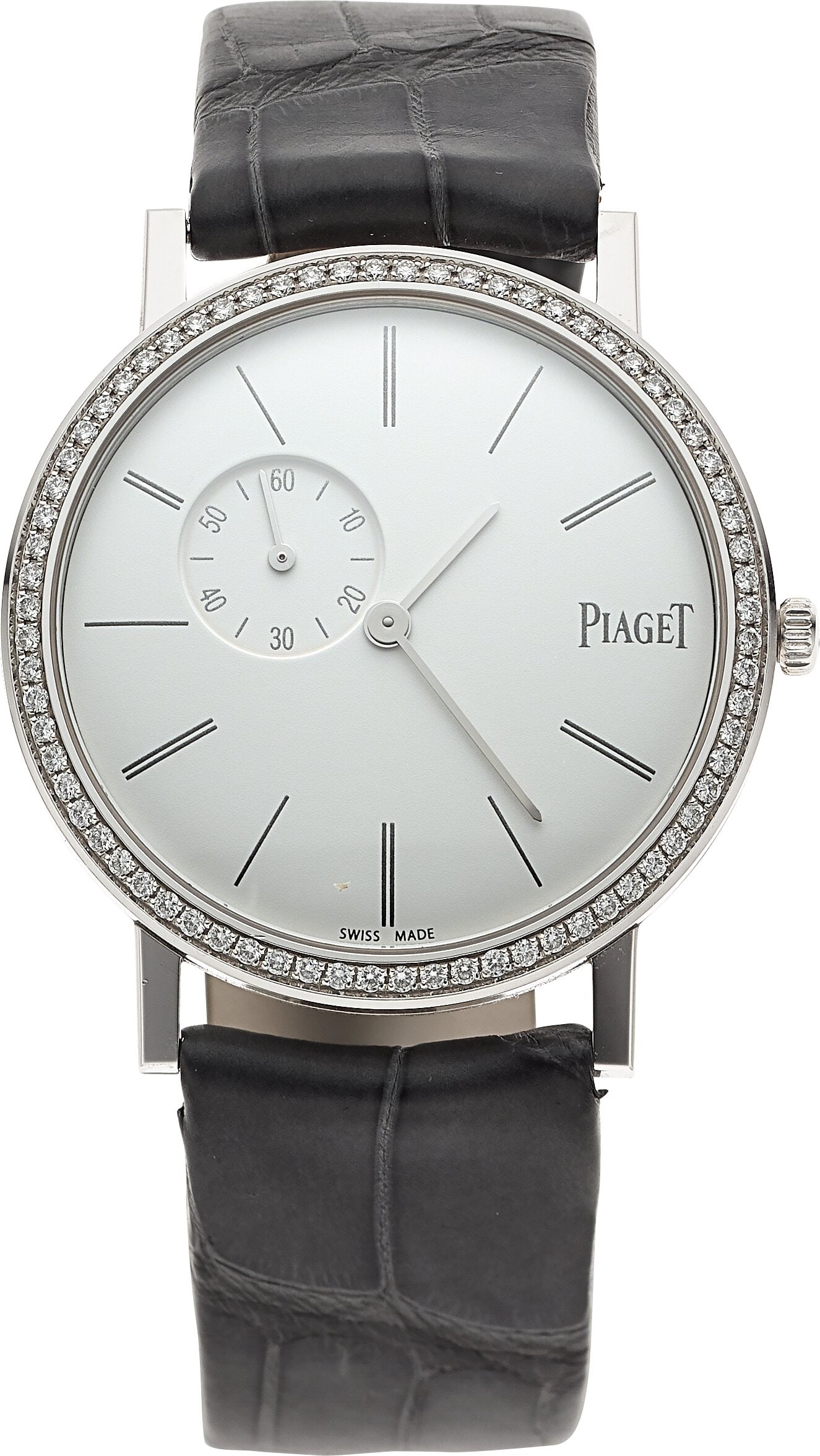 Piaget Altiplano, 18k White Gold, Diamond Set Be: Piaget Altiplano, 18k White Gold, Diamond Set Bezel, Full Set, Ref. G0A39106 Case: 34 mm, 18k white gold, two body, 6 screw case back,