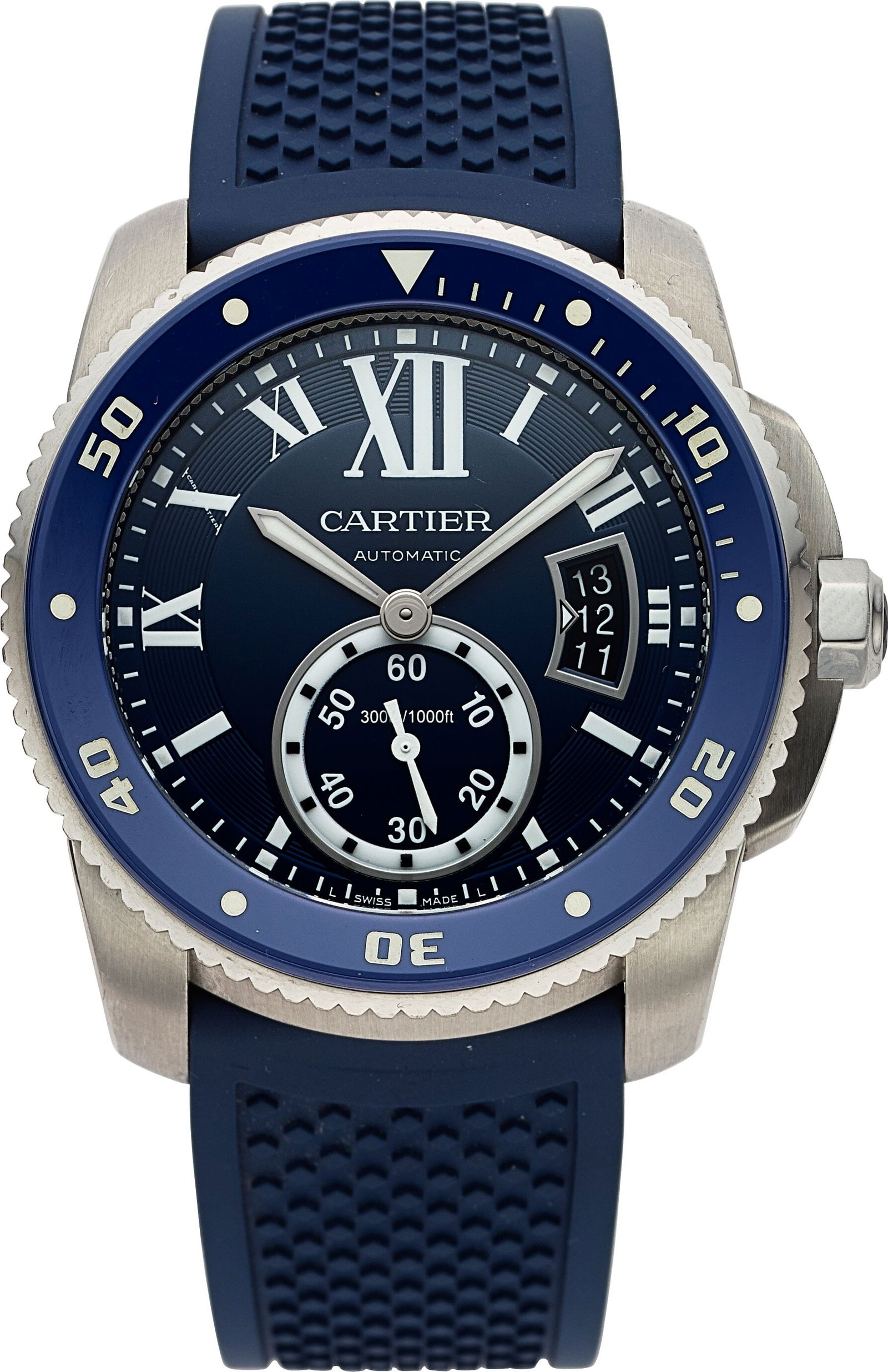 Caliber de Cartier Diver, Ref. 3729 Case: 42 m: Caliber de Cartier Diver, Ref. 3729 Case: 42 mm, stainless steel, three body, 8 screw case back, jewel set crown, unidirectional rotating blue