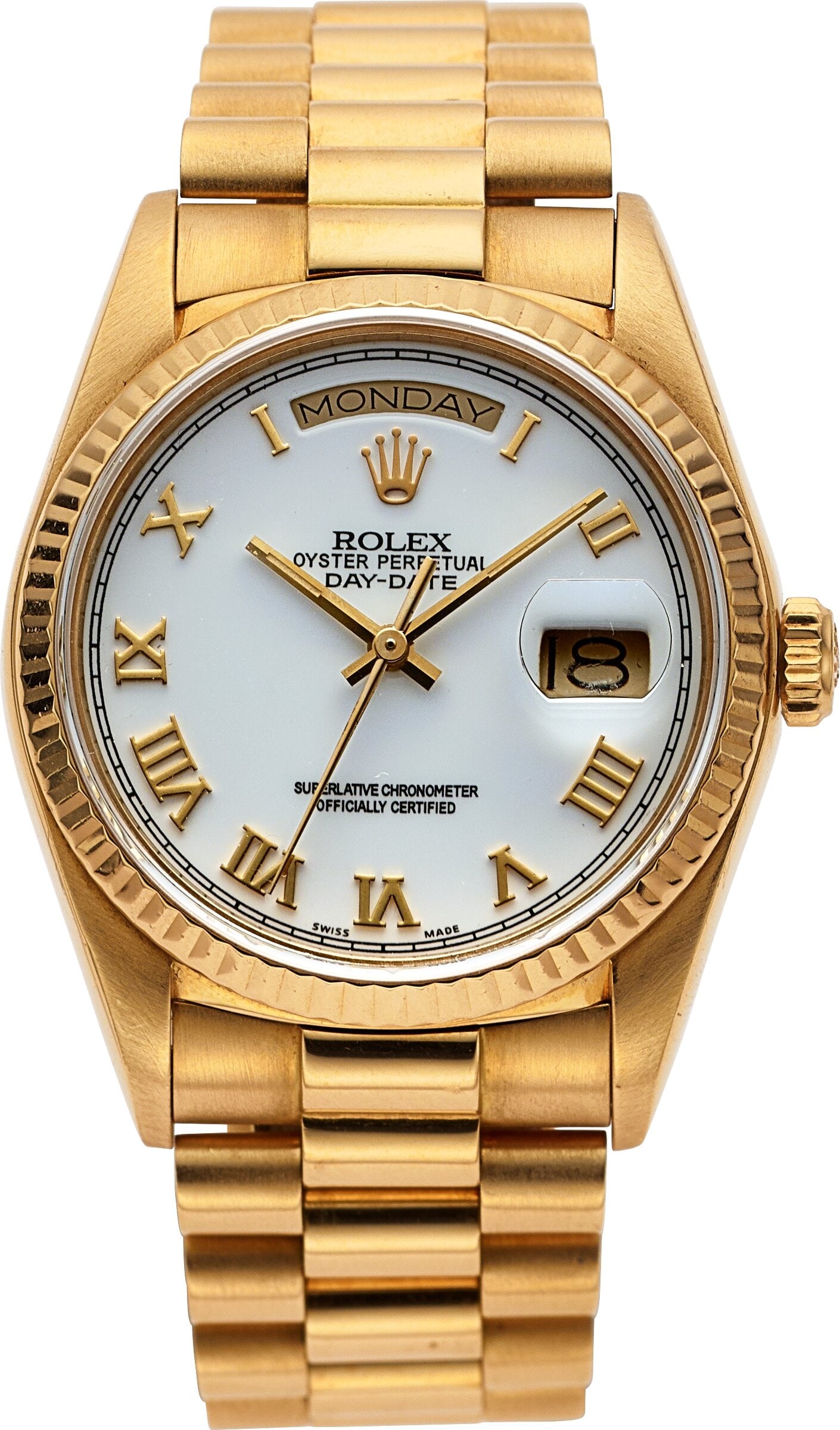 Rolex Oyster Perpetual Day-Date, 18k Yellow Gold: Rolex Oyster Perpetual Day-Date, 18k Yellow Gold, Ref. 18038 Case: 35 mm, 18k yellow gold, three body, screw-down case back and crown, fixed fluted