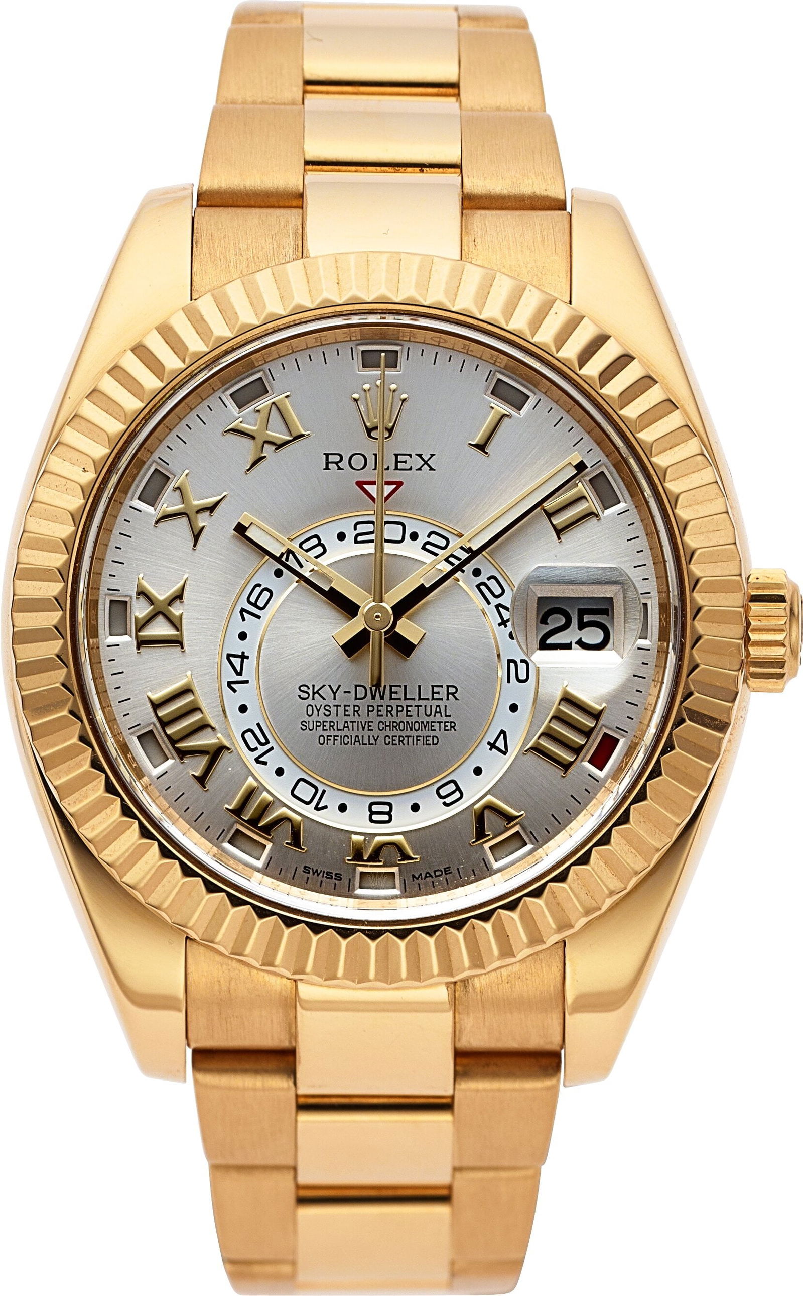 Rolex 18k Yellow Gold Sky-Dweller, Ref. 326938: Rolex 18k Yellow Gold Sky-Dweller, Ref. 326938 Case: 42 mm, 18k yellow gold, three body, screw-down case back and crown, 18k gold fluted rotating command bez