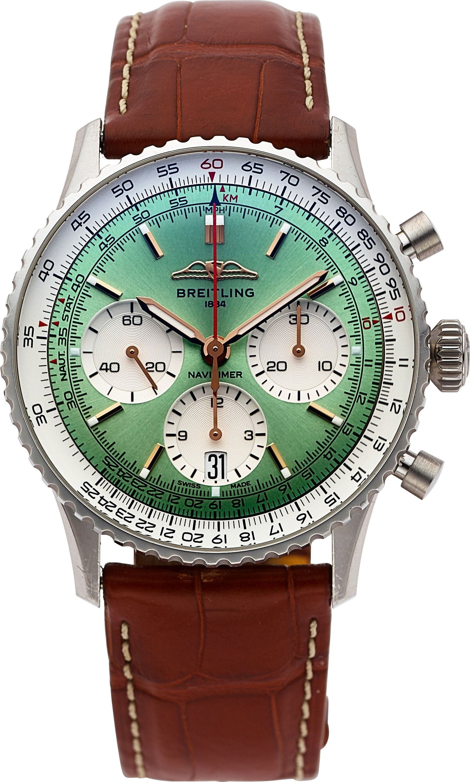 Breitling Navitimer B01 Chronograph, Mint Green: Breitling Navitimer B01 Chronograph, Mint Green Dial, Full Set, Ref. AB0139 Case: 41 mm, stainless steel, three body, screw-down exhibition case back&c