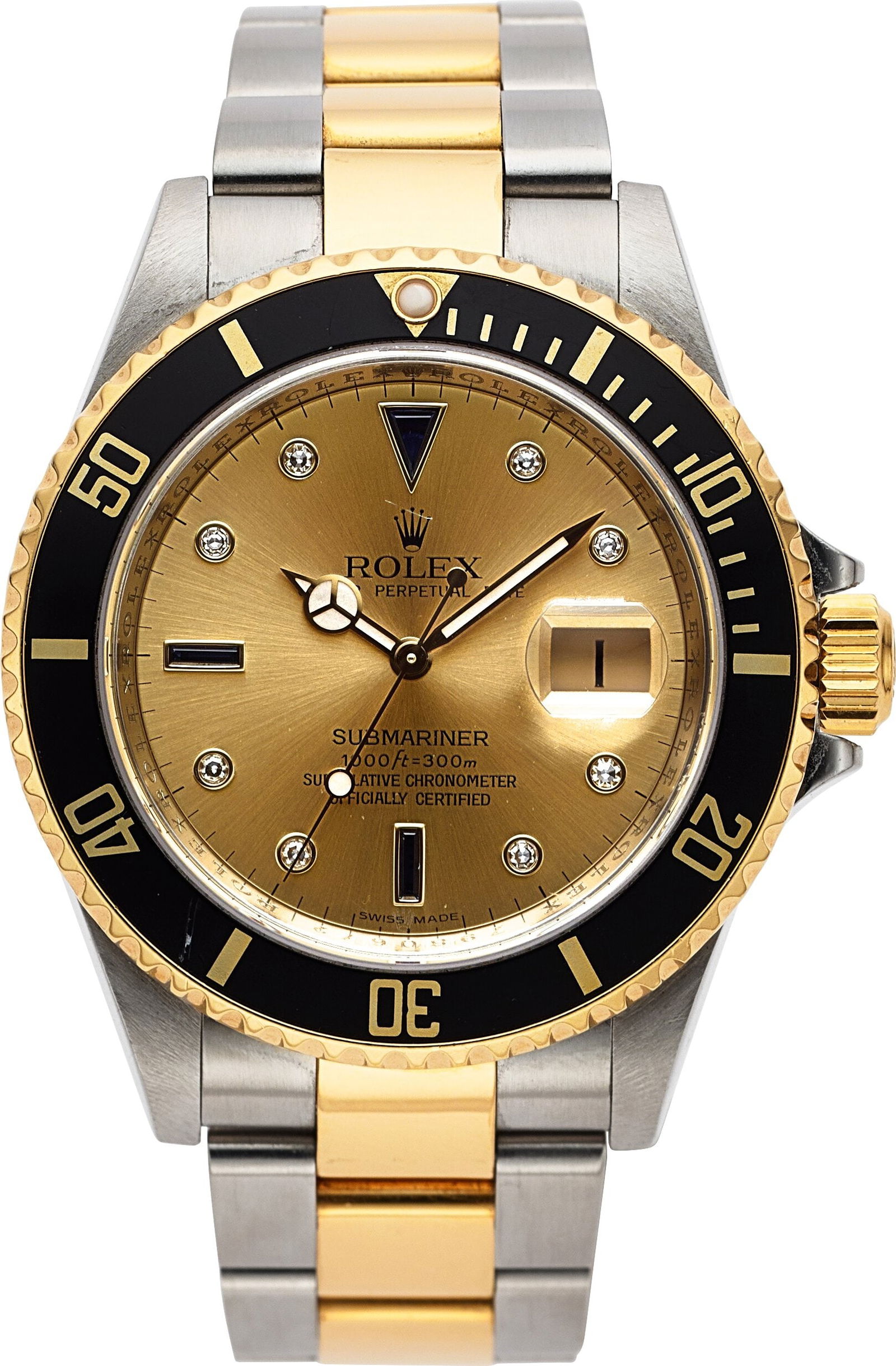 Rolex Date Submariner, Serti Dial, Ref. 16613T: Rolex Date Submariner, Serti Dial, Ref. 16613T Case: 40 mm, stainless steel and 18k yellow gold, three body, screw-down case back and crown, unidirecti