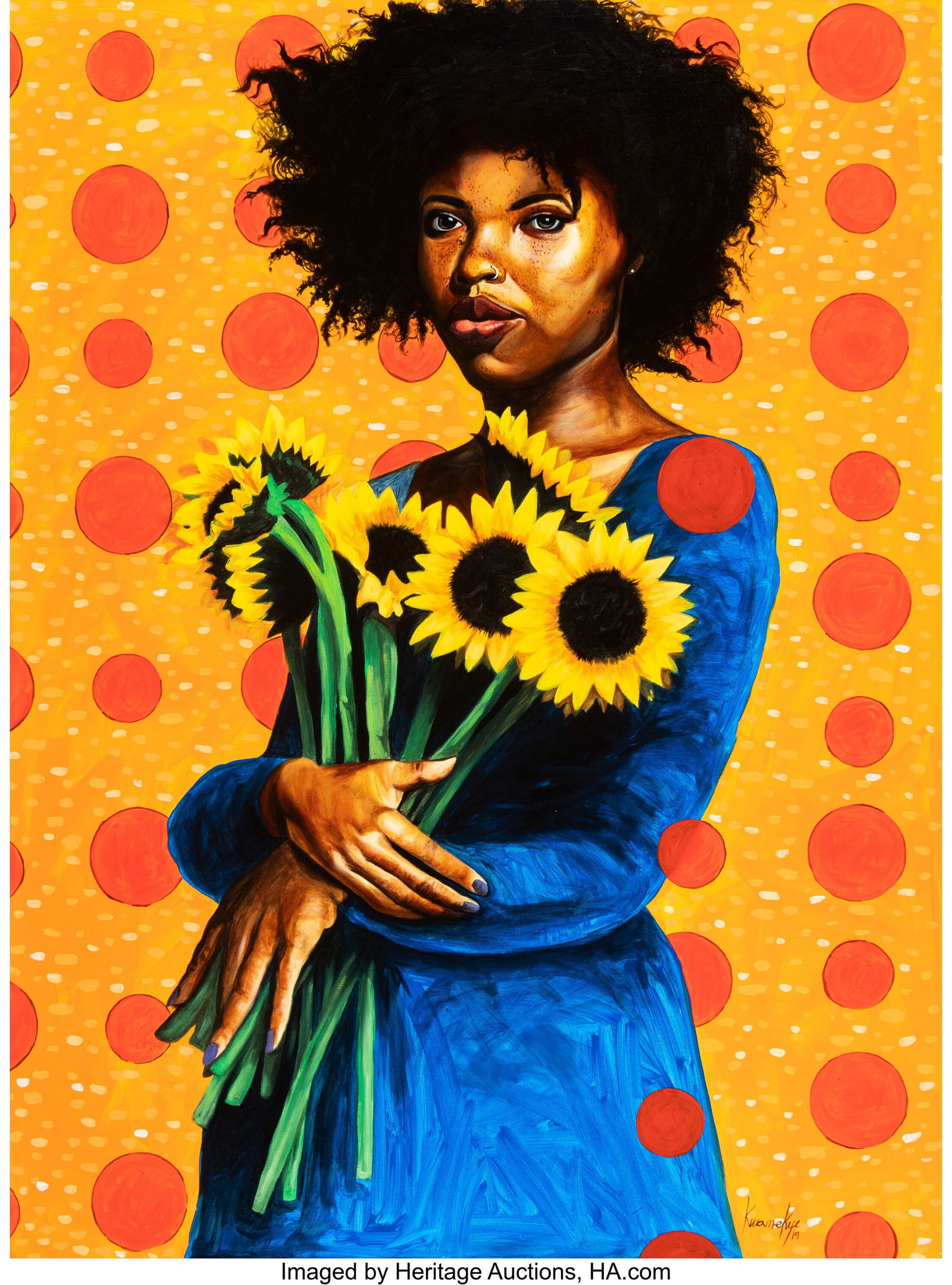 Otis Kwame Kye Quaicoe (b. 1988) Girl with Flowe: Otis Kwame Kye Quaicoe (b. 1988) Girl with Flowers, 2019 Acrylic on canvas 48 x 36 inches (121.9 x 91.4 cm) Signed and dated lower right: Kwame Kye