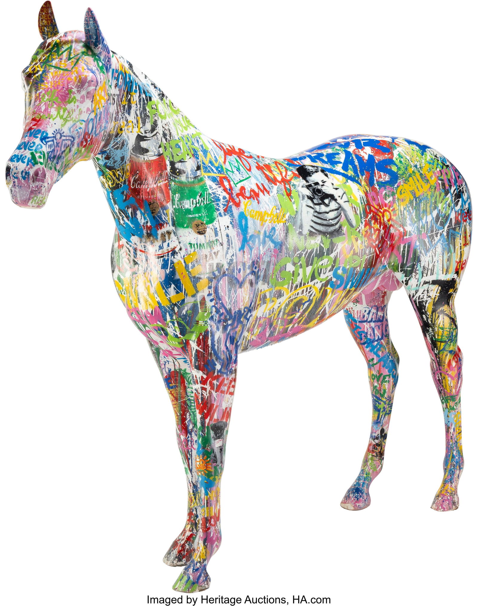 Mr. Brainwash (b. 1966) Untitled (Graffiti Horse: Mr. Brainwash (b. 1966) Untitled (Graffiti Horse) Acrylic, enamel, spray paint, fiberglass, and resin 78 x 100 x 20 inches (198.1