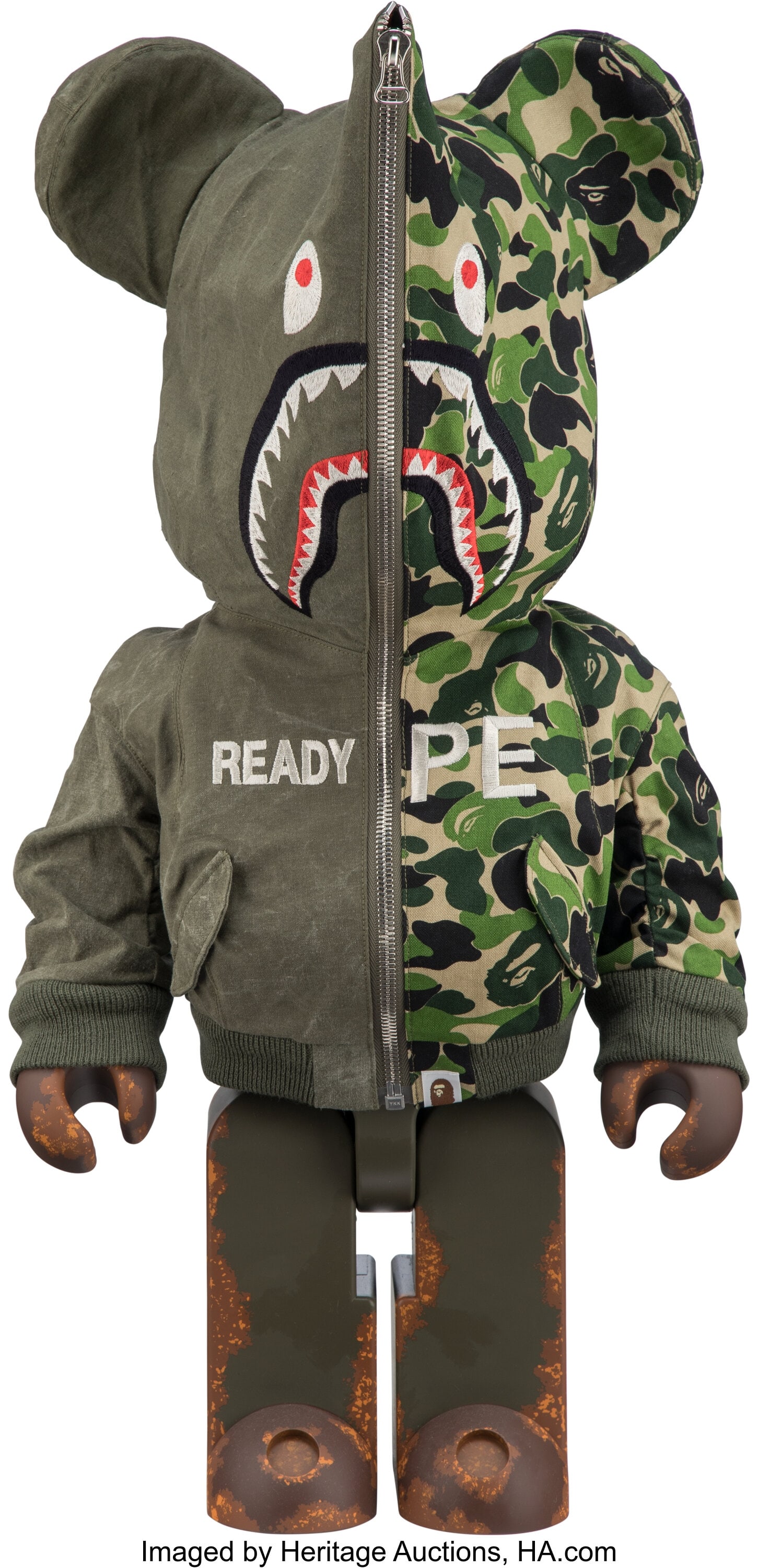 BE@RBRICK X Readymade X BAPE Readymade X BAPE 10: BE@RBRICK X Readymade X BAPE Readymade X BAPE 1000%, 2018 Painted cast resin and zip-up hoodie 28 x 14 x 9 inches (71.1 x 35.6 x 22.9 cm) Stamped on