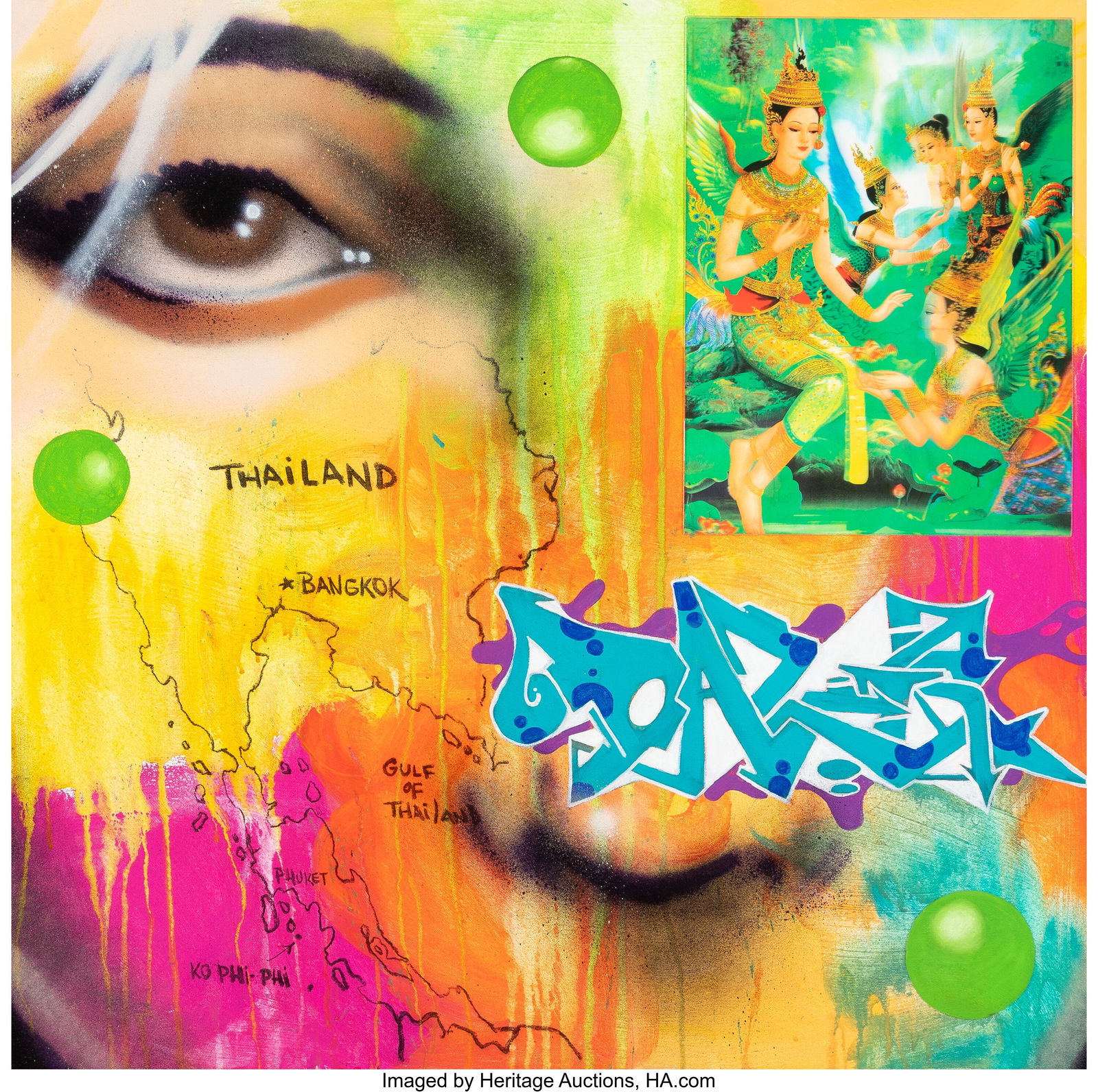 DAZE (b. 1962) Thailand Journey, 2010 Acrylic, s: DAZE (b. 1962) Thailand Journey, 2010 Acrylic, spray paint, and lenticular print on canvas 32 x 32 inches (81.3 x 81.3 cm) Signed, titl