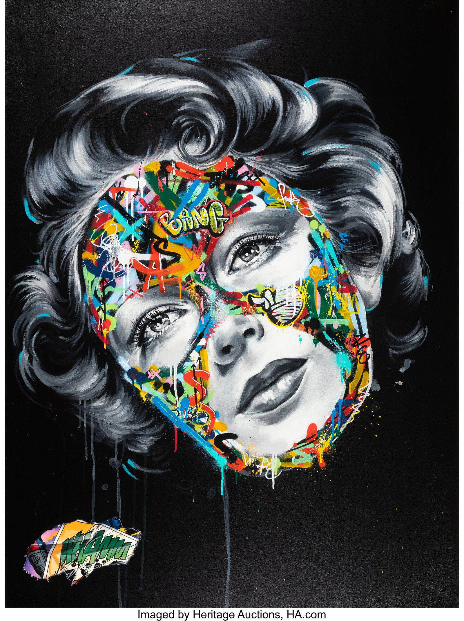 Sandra Chevrier X Martin Whatson Wham!, 2017 Acr: Sandra Chevrier X Martin Whatson Wham!, 2017 Acrylic, spray paint, and ink on canvas 48 x 36 inches (121.9 x 91.4 cm) Signed, titled, and dat