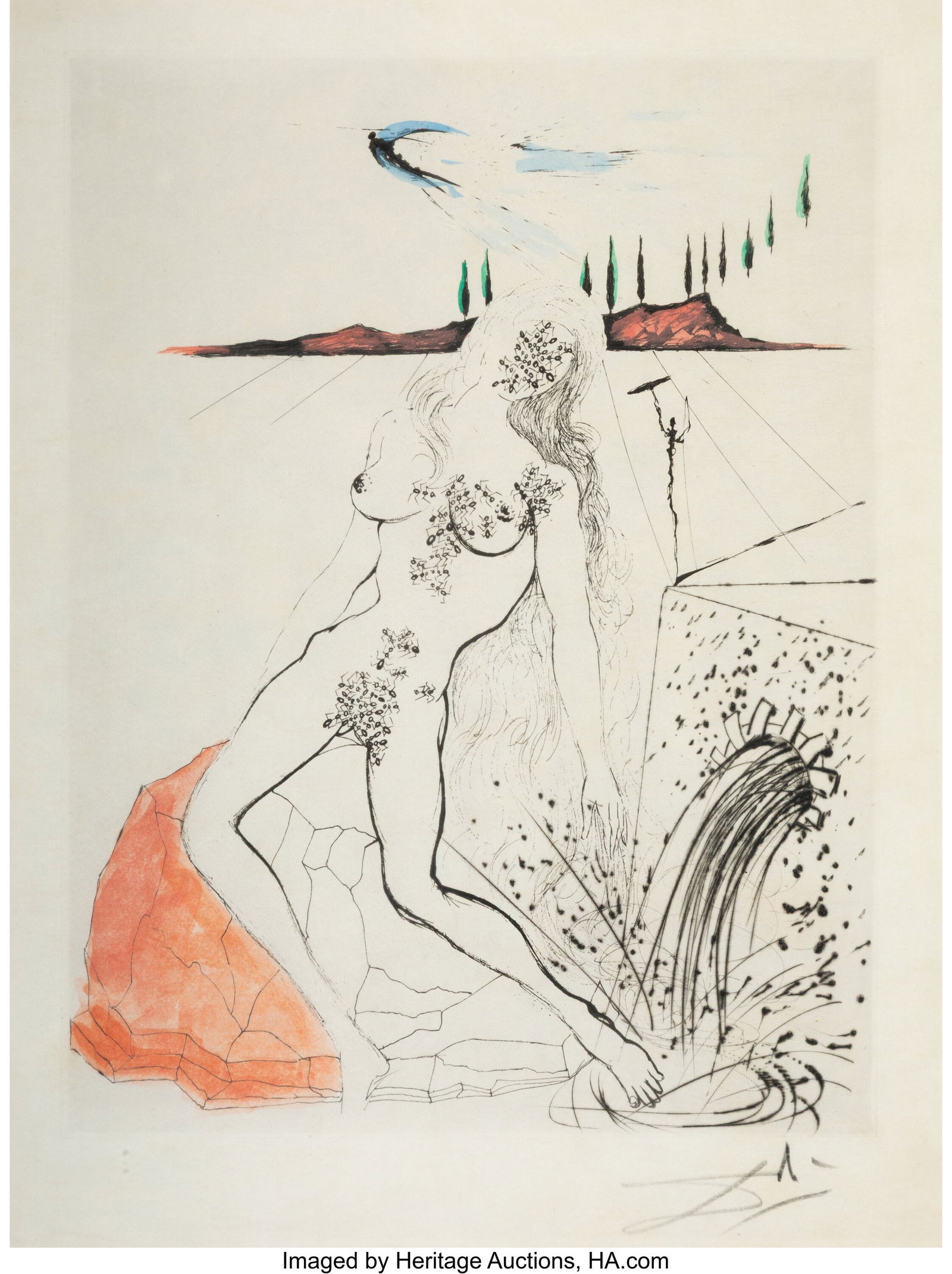 Salvador Dalí 1904-1989) Nu à la fontaine, fro: Salvador Dalí 1904-1989) Nu à la fontaine, from Poèmes Secrets, 1967 Engraving, etching, and hand coloring on Japon paper 14-1/2 x 10-3/4 inch