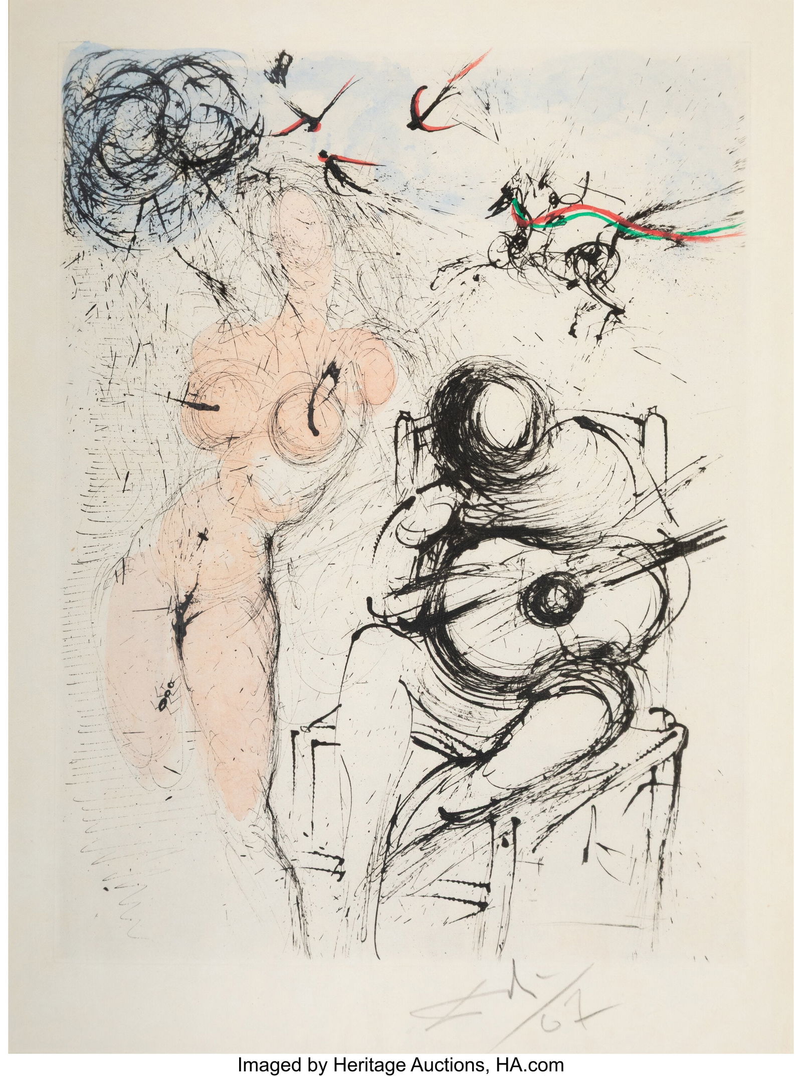 Salvador Dalí 1904-1989) Nu à la guitare, from: Salvador Dalí 1904-1989) Nu à la guitare, from Poèmes Secrets, 1967 Engraving, etching, and hand coloring on Japon paper 14-1/2 x 10-3/4 inche