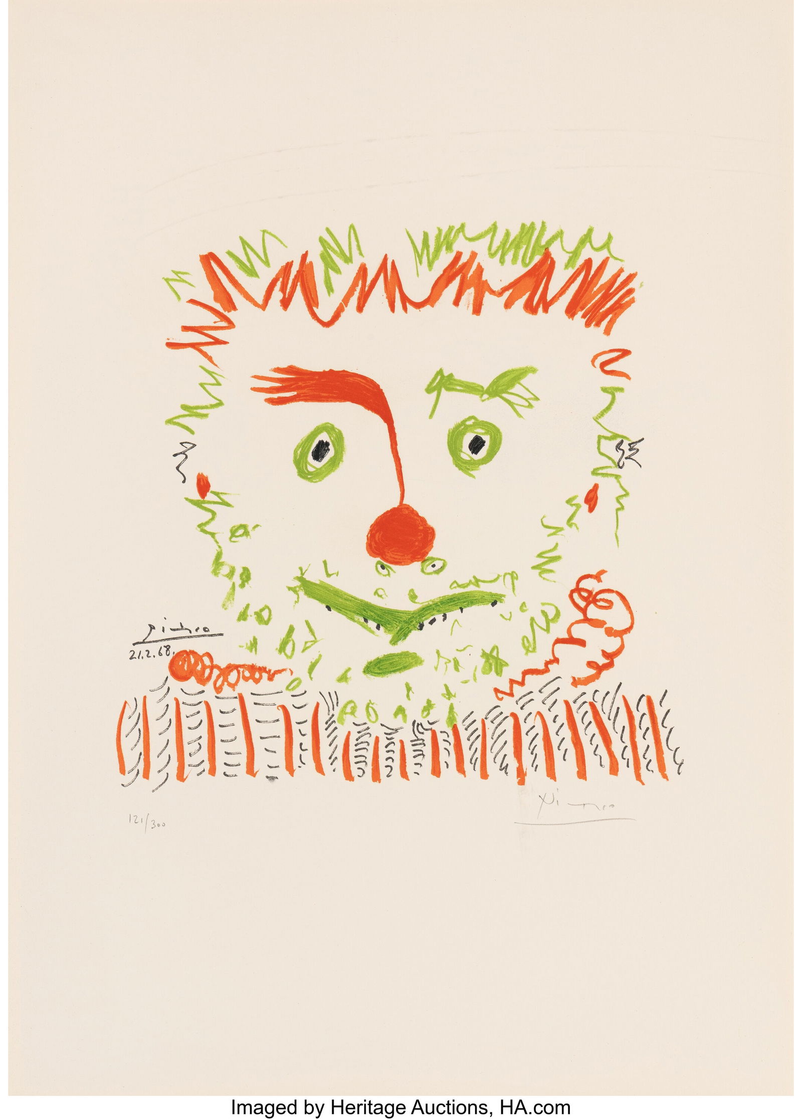 After Pablo Picasso Le Clown, 1968 Lithograph in: After Pablo Picasso Le Clown, 1968 Lithograph in colors on wove paper 26-1/4 x 18-5/8 inches (66.7 x 47.3 cm) (sheet) Ed. 121/300 Signed and
