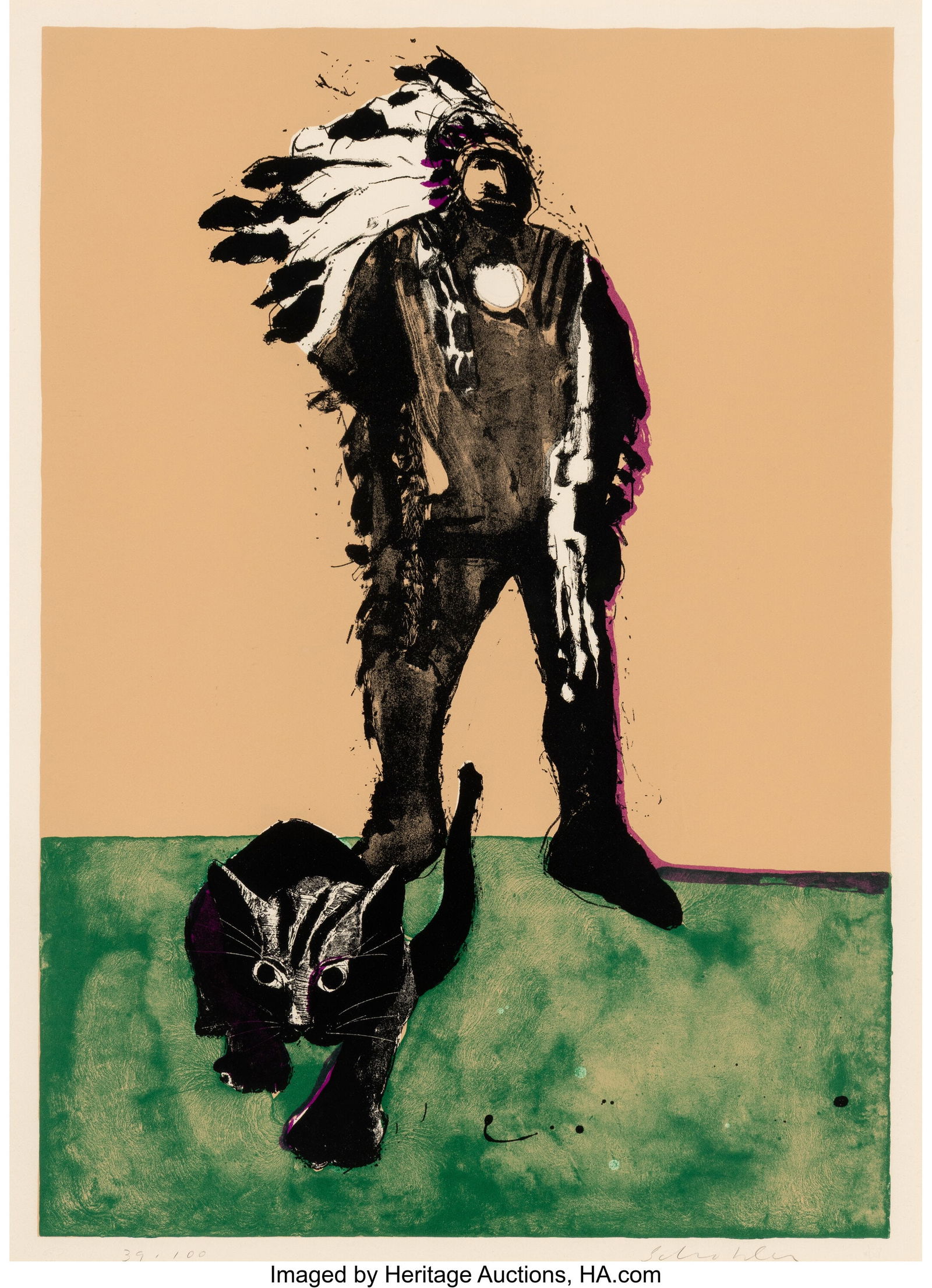 Fritz Scholder (1937-2005) Indian with Cat, 1973: Fritz Scholder (1937-2005) Indian with Cat, 1973 Lithograph in colors on wove paper 28-3/8 x 18-1/2 inches (72 x 47 cm) (sheet) Ed. 39/100 Signed