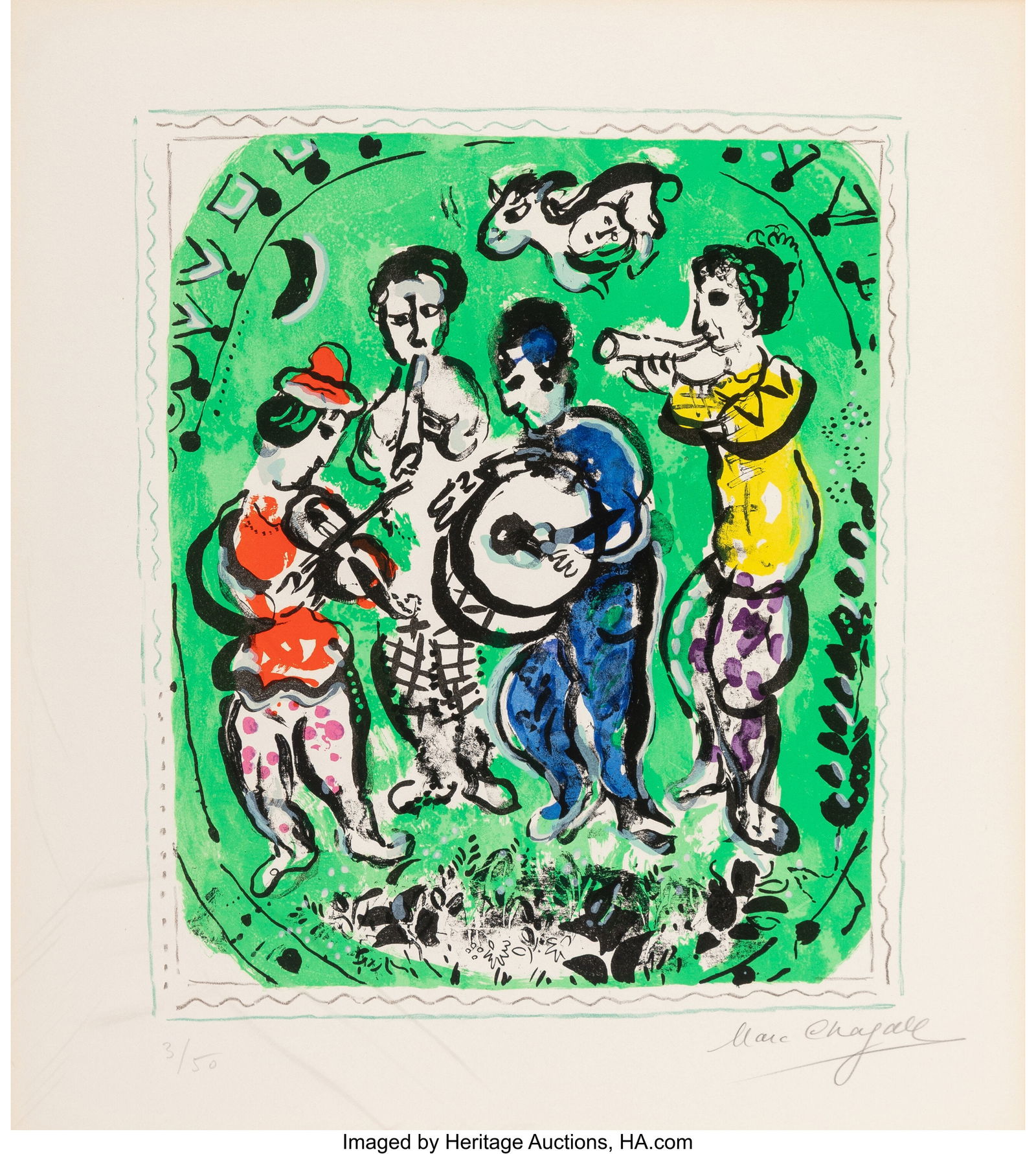 Marc Chagall (1887-1985) Musiciens sur fond vert: Marc Chagall (1887-1985) Musiciens sur fond vert, 1964 Lithograph in colors on Arches paper 21-1/2 x 17-1/4 inches (54.6 x 43.8 cm) (sheet) Ed