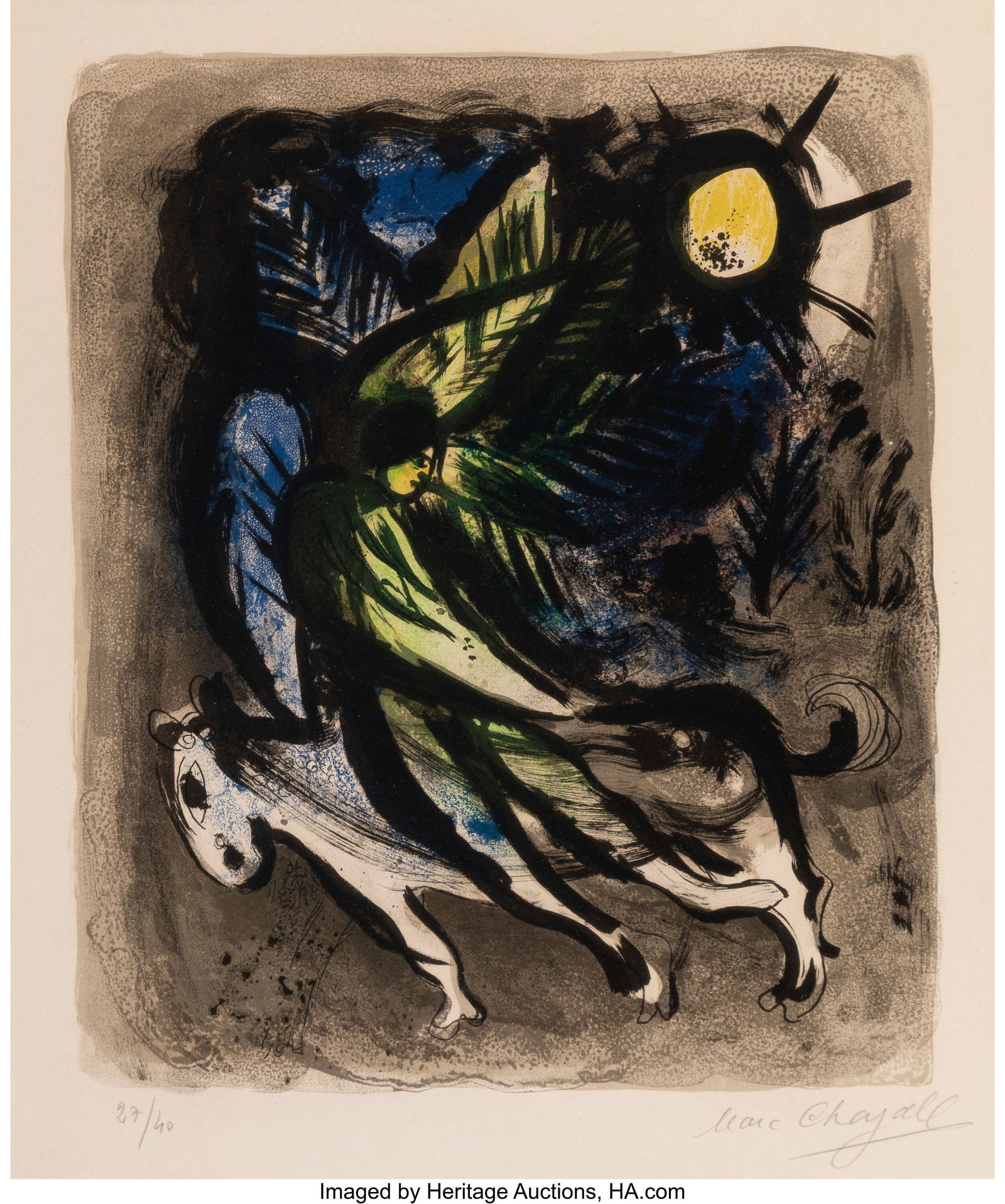 Marc Chagall (1887-1985) L'ange, 1960 Lithograph: Marc Chagall (1887-1985) L'ange, 1960 Lithograph in colors on wove paper 18-3/4 x 12-5/8 inches (47.7 x 32 cm) (sheet) Ed. 27/40 Signed an