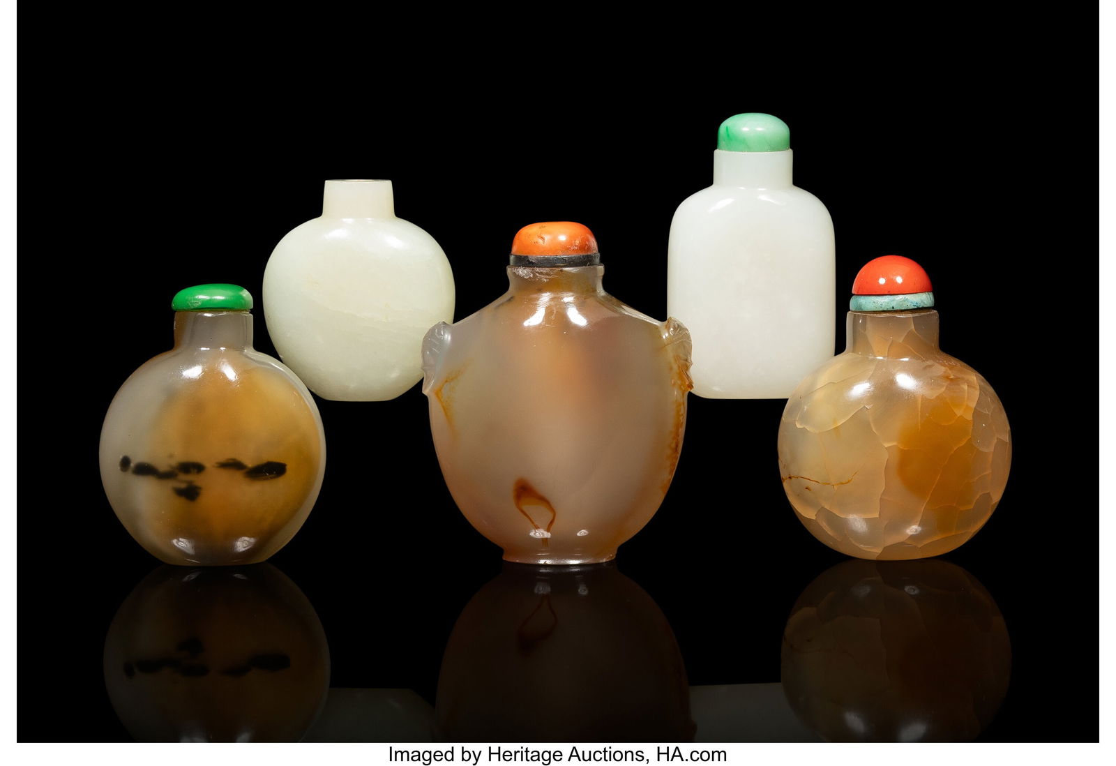 A Group of Five Chinese Jade and Agate Snuff Bot (1 of 2)