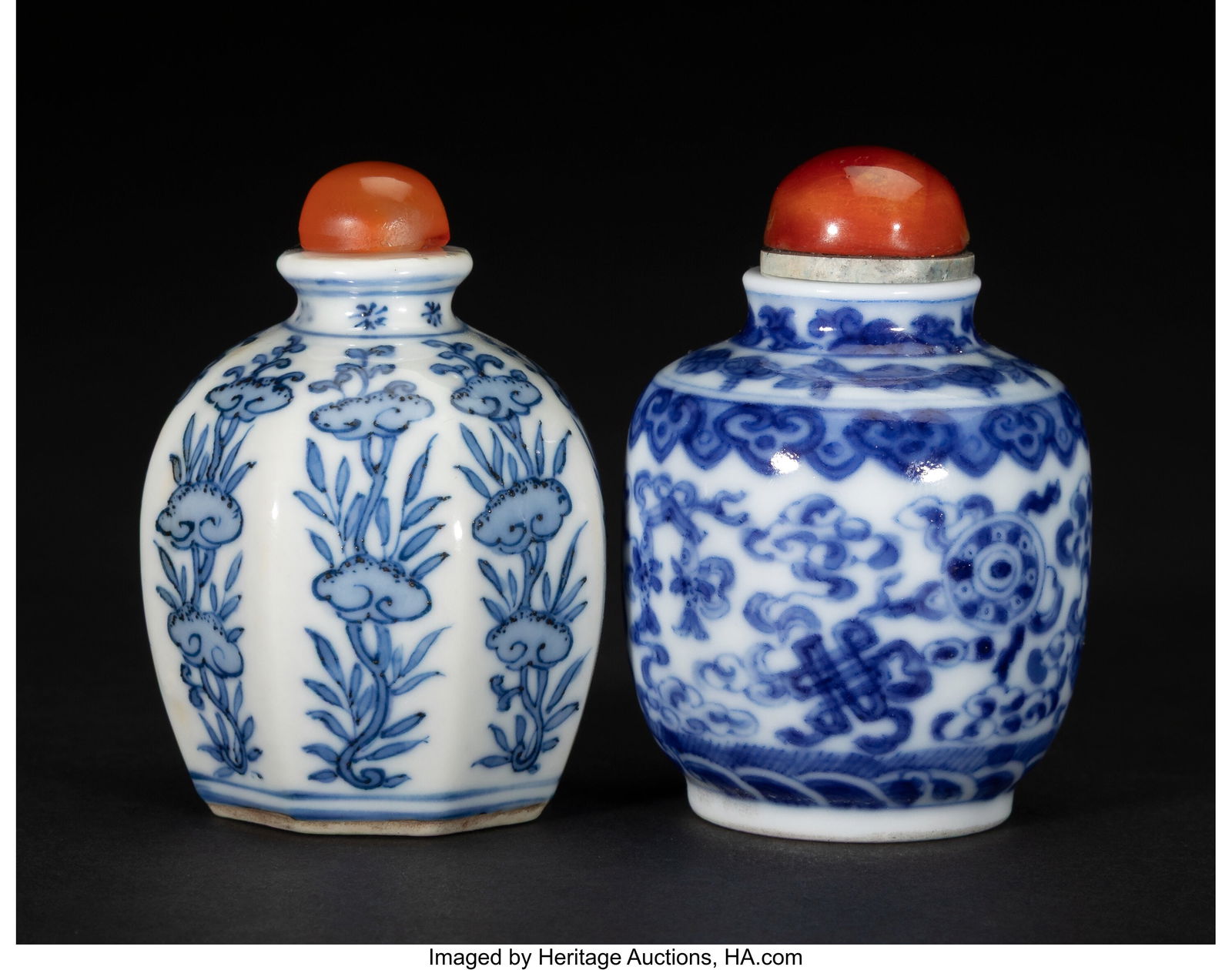 Two Chinese Blue and White Snuff Bottles, late Q (1 of 4)