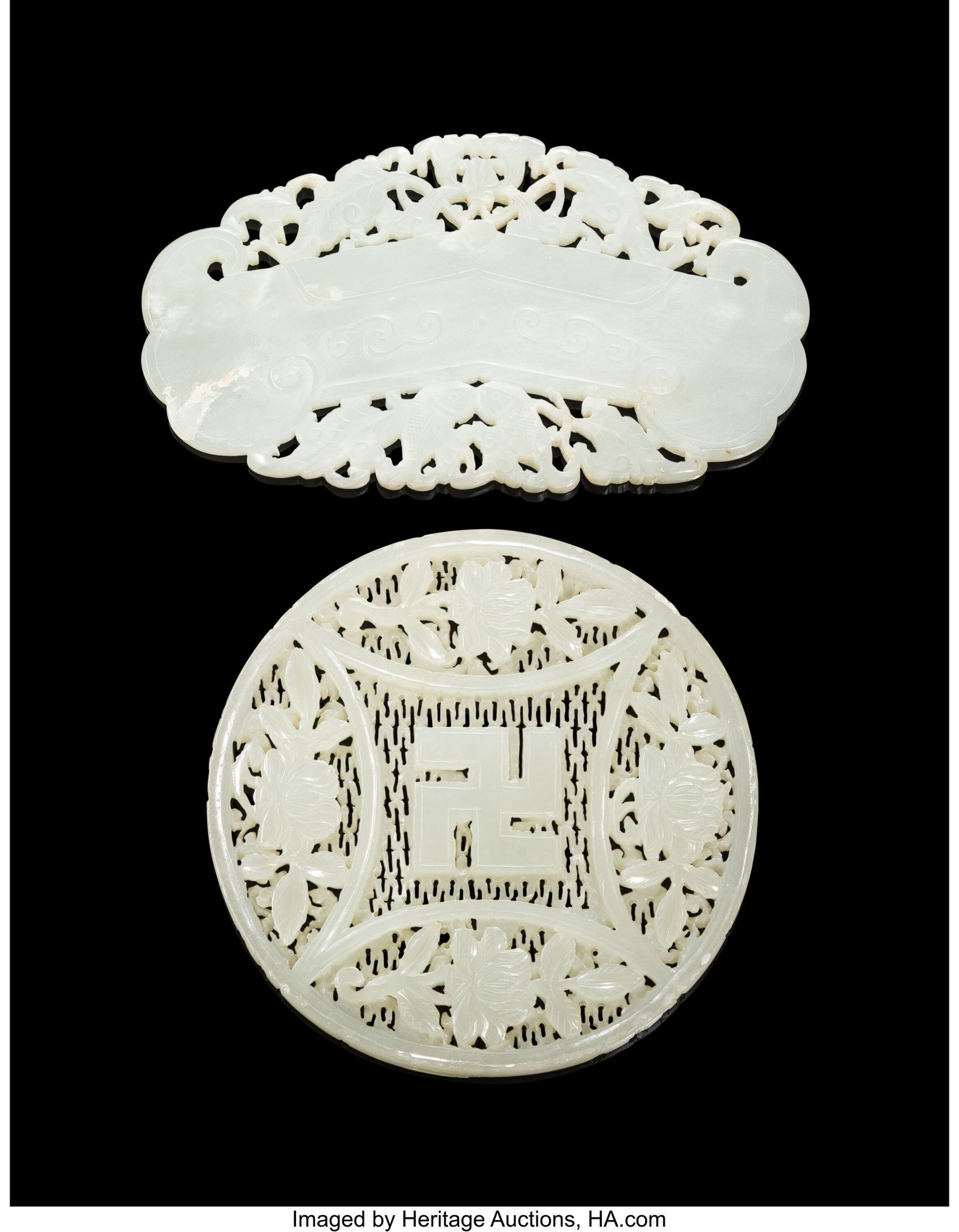 Two Carved Chinese Reticulated Celadon Jade Plaq (1 of 2)