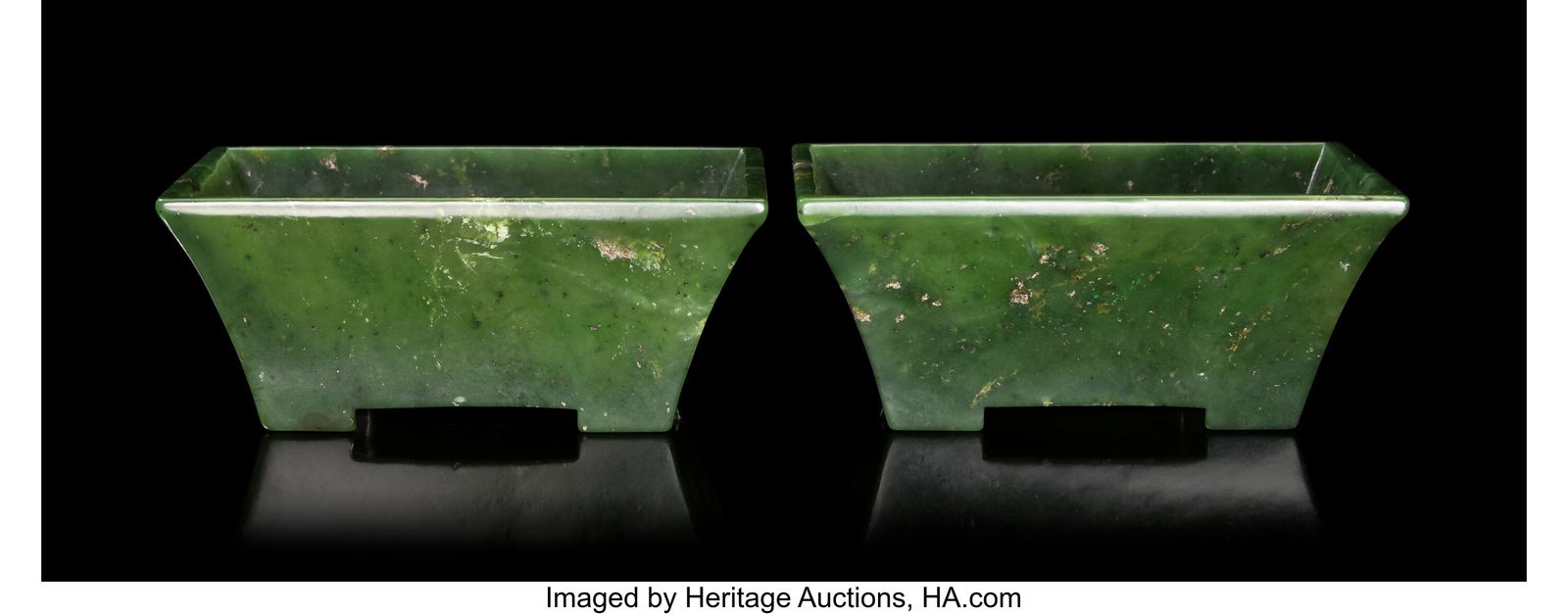 A Pair of Chinese Spinach Jade Planters, 19th ce: A Pair of Chinese Spinach Jade Planters, 19th century Marks: four-character Qianlong mark 1-1/2 x 3-3/4 x 2-7/8 inches (3.8 x 9.5 x 7.3 cm) &lpar