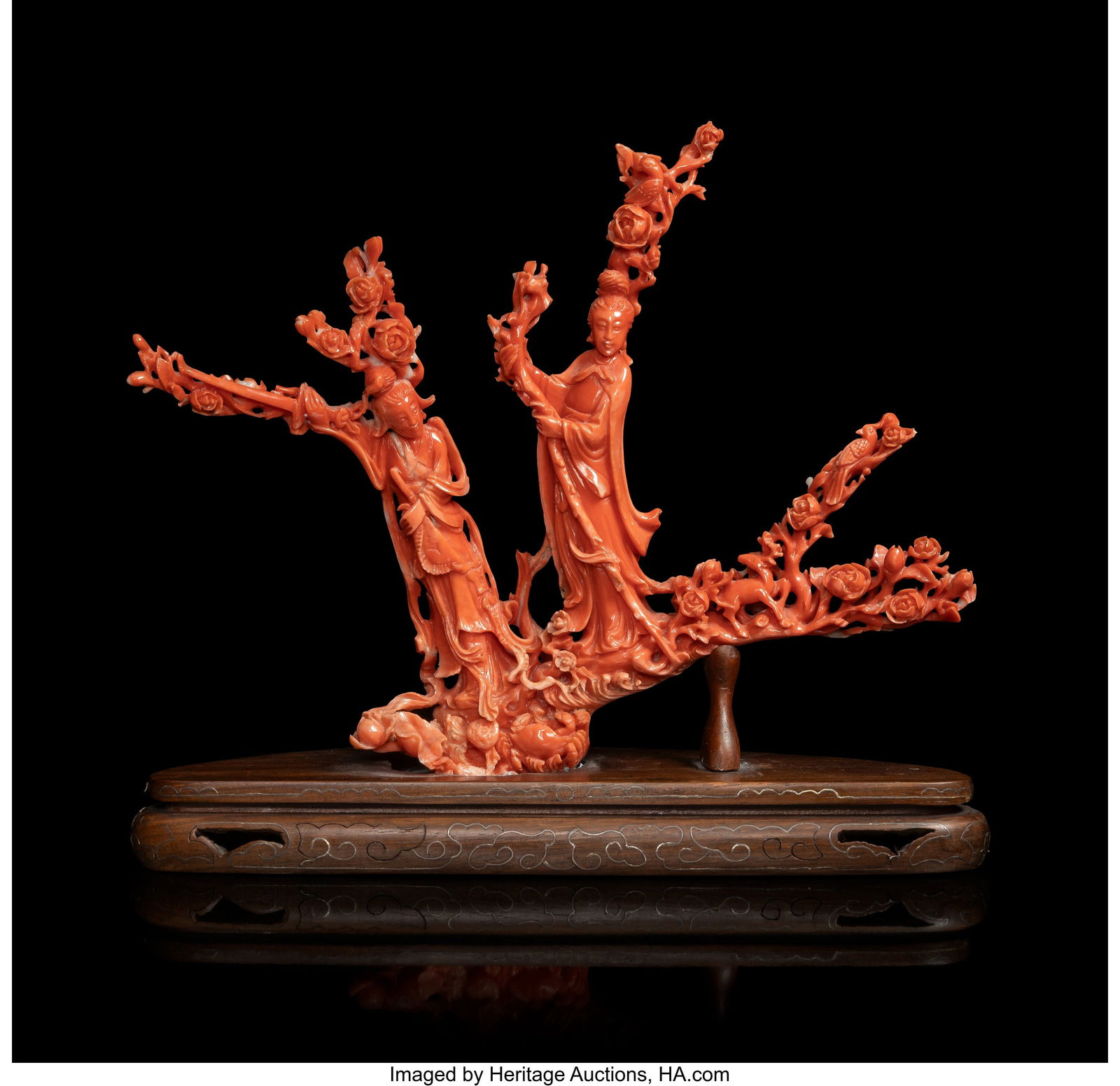 A Chinese Coral Carving of Two Meiren, 20th cent (1 of 2)