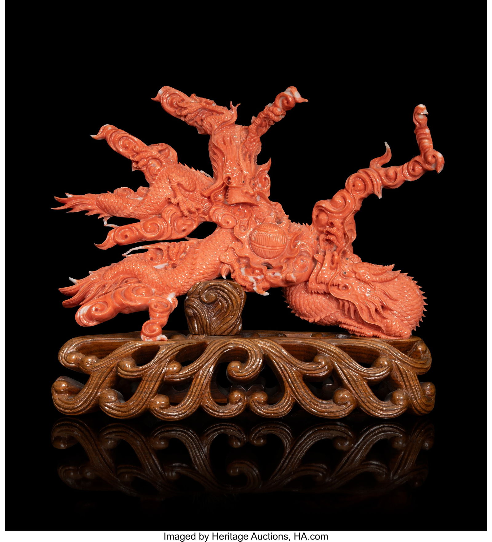 A Fine Chinese Carved Coral 'Double Dragon' Scul (1 of 2)