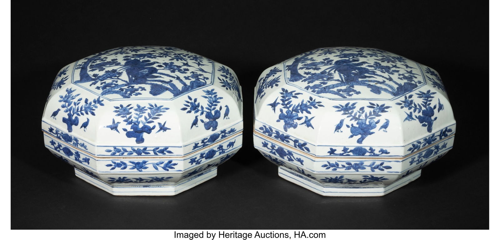 Two Chinese Blue and White Octagonal 'Bird and F (1 of 5)