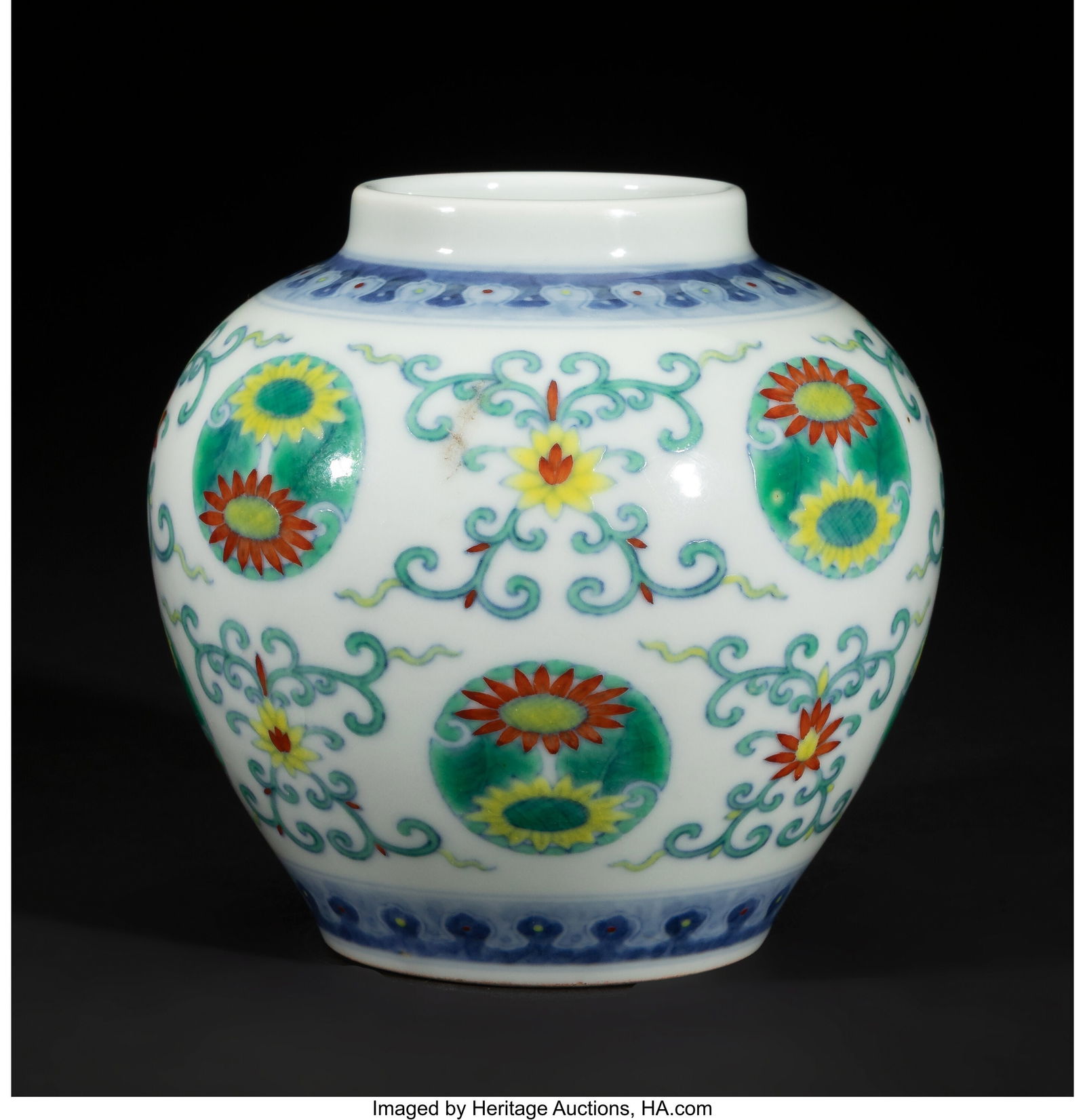 A Chinese Doucai Enameled Jar, 20th century Mark: A Chinese Doucai Enameled Jar, 20th century Marks: dix-character underglaze Daoguang mark 4-1/2 x 4-1/2 inches (11.4 x 11.4 cm) (diam.) the
