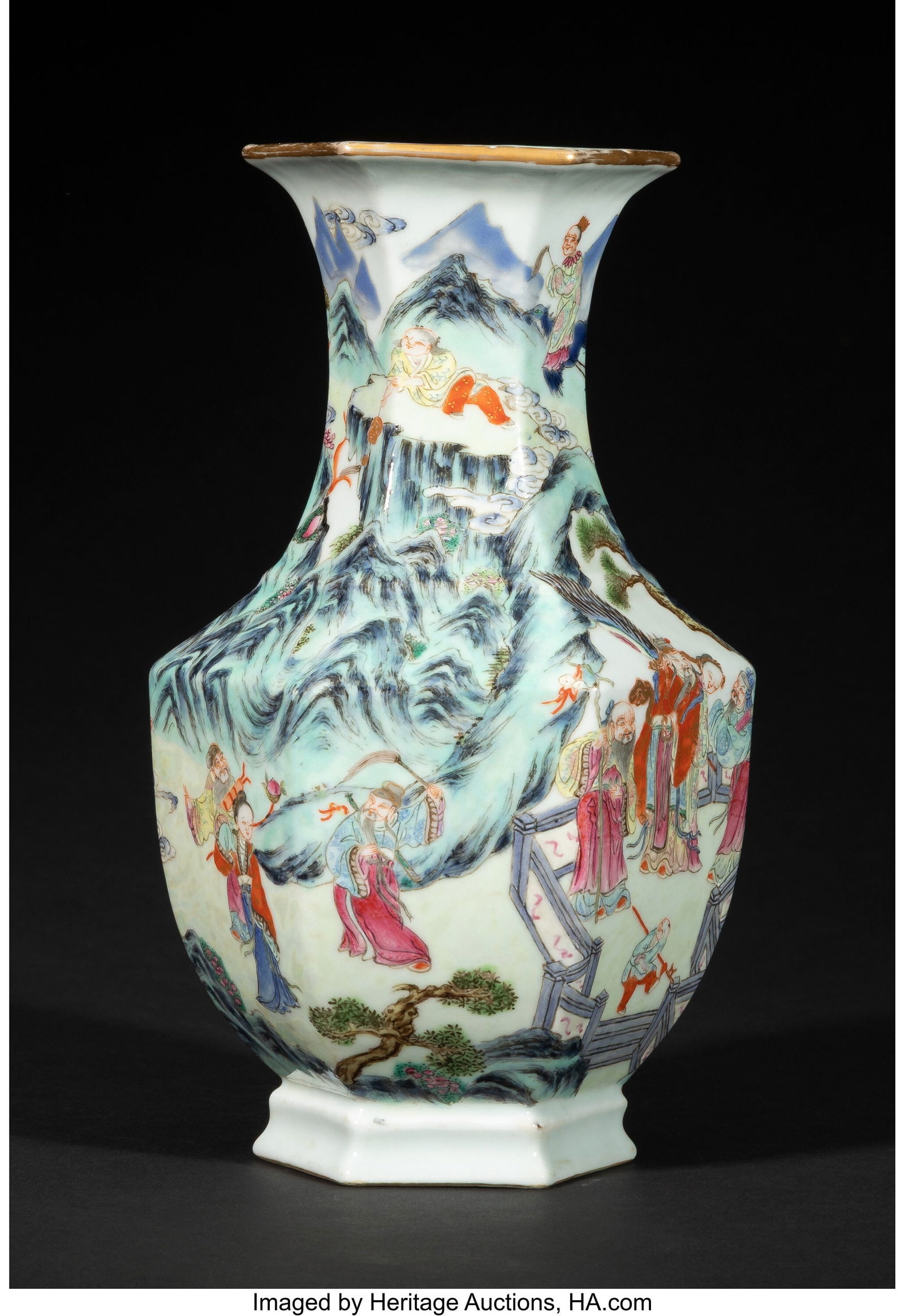 A Chinese Famille Rose 'Immortals' Hexagonal Bal: A Chinese Famille Rose 'Immortals' Hexagonal Baluster Vase, late Qing dynasty 8-1/2 x 5 x 5 inches (21.6 x 12.7 x 12.7 cm) HID03101062020 © 2026 Heritage