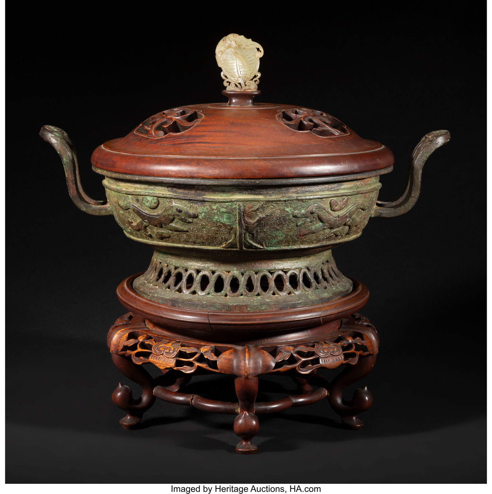 A Chinese Archaistic Bronze Double-Handled Vesse: A Chinese Archaistic Bronze Double-Handled Vessel Gui with a Wood Cover and a Stand, Republic period 7 x 17-1/8 x 12-5/8 inches (17.8 x 43.5 x 32.1 cm) &lp