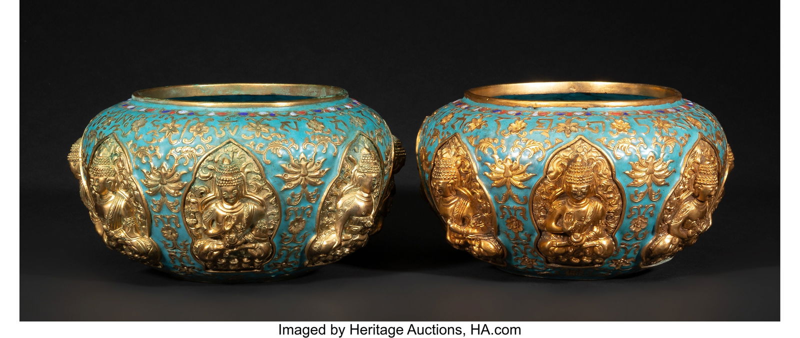Two Chinese Champlevé Enamel and Gilt Bronze Bu: Two Chinese Champlevé Enamel and Gilt Bronze Buddhist Alms Bowls, 18th/19th century 4-7/8 x 9 x 9 inches (12.4 x 22.9 x 22.9 cm) (each) ea