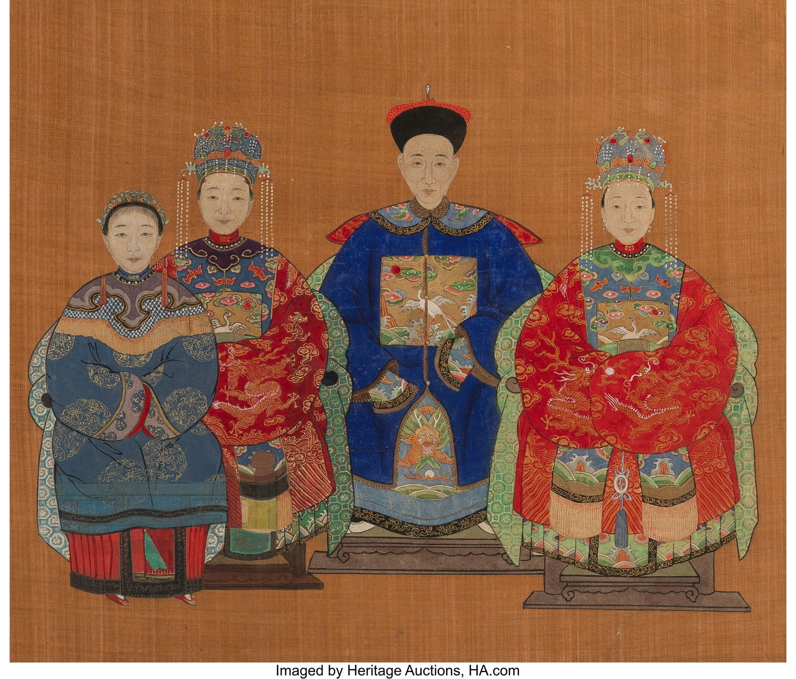 A Portrait of a Qing Dynasty First-Rank Official: A Portrait of a Qing Dynasty First-Rank Official Family, 19th century Hanging scroll; ink and color on silk 28-1/4 x 16 inches (71.8 x 40.6 cm) (overall&rpa