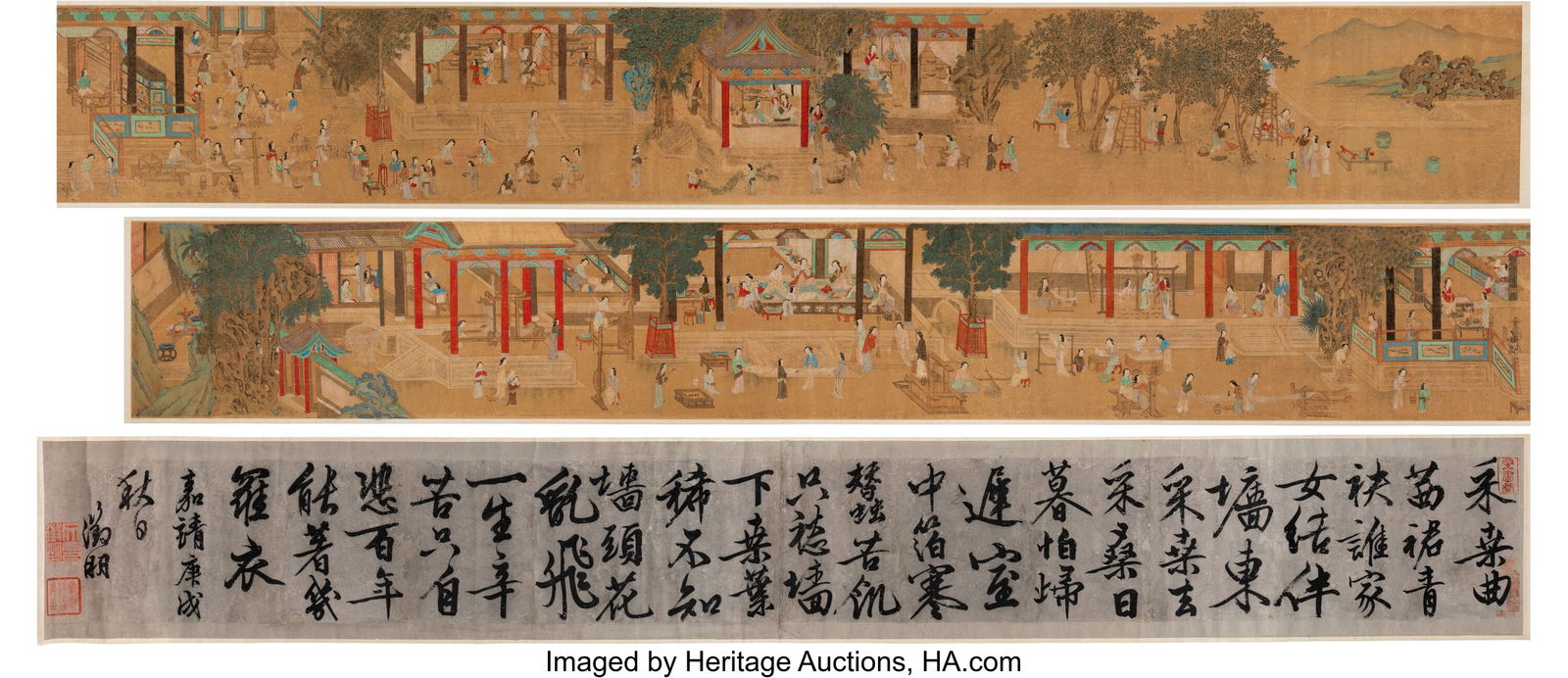 After Qiu Ying (Chinese, 1482-1559) Tea-Leaves P: After Qiu Ying (Chinese, 1482-1559) Tea-Leaves Picking, 19th century Handscroll; ink and color on silk 12 x 173-1/4 inches (30.5 x 440.1 cm) &lpa