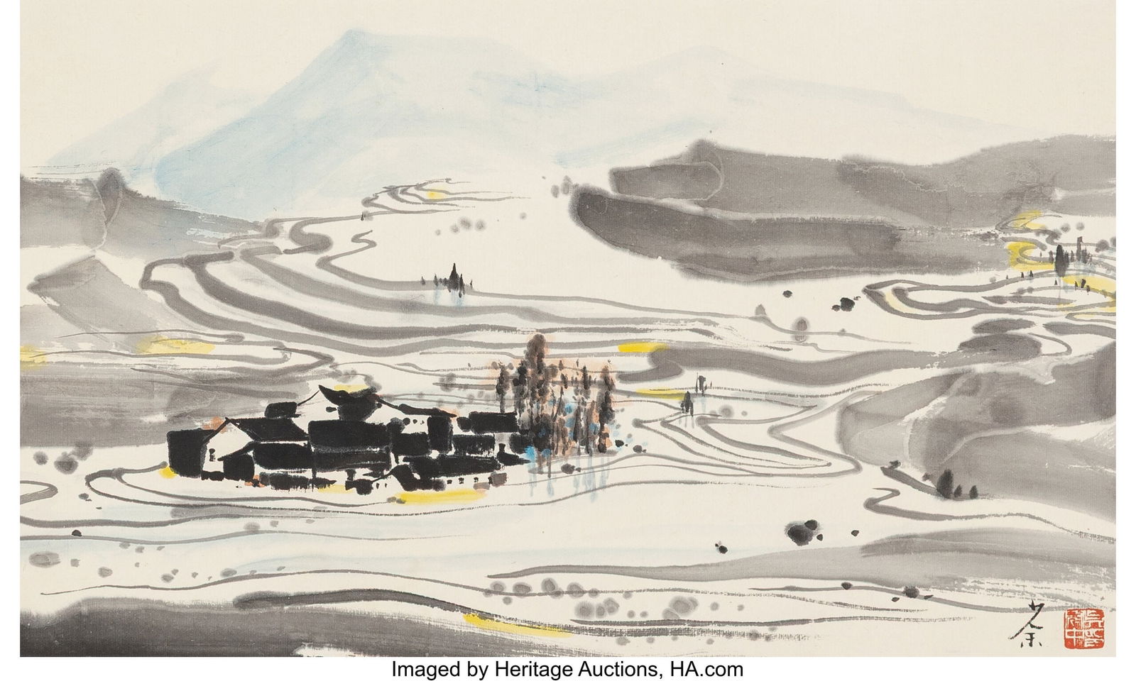 Attributed to Wu Guanzhong (Chinese, 1919-2010): Attributed to Wu Guanzhong (Chinese, 1919-2010) Village Ink and color on paper 66 x 30 inches (167.6 x 76.2 cm) (overall) 15-7/8 x 26-3/8 inch